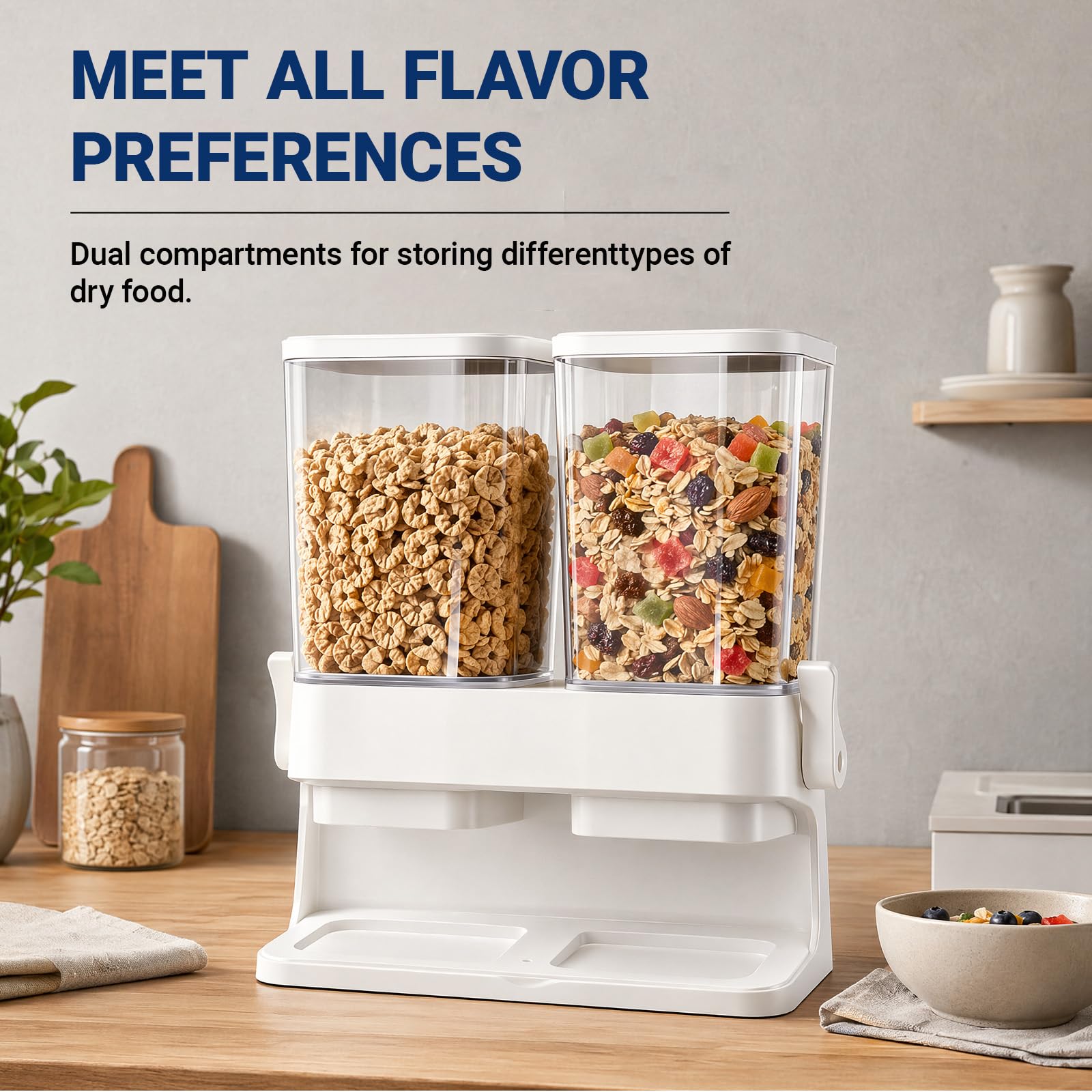 Doppio dispenser per cereali, 2 contenitori da 3 l, con dispenser, dispenser per cibo secco, cornflakes, cereali, riempitrice per cibo per animali (bianco)