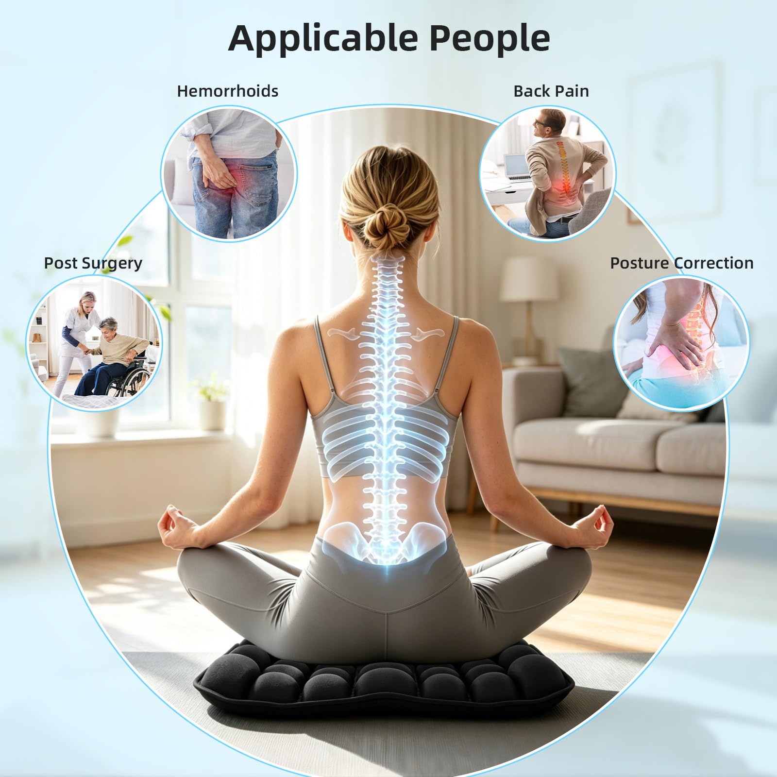 45 x 40 cm, cojín de asiento antidecúbito, ortopédico ergonómico, cojín de asiento ergonómico con células de aire 3D, cojín inflable para coche, oficina, hogar, silla negro