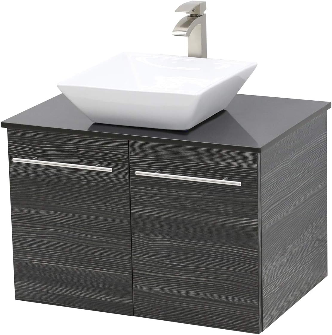 Wall Mount Floating Bathroom Vanity Sink Set. Dark Grey Vanity, Black Flat Stone Countertop Ceramic Sink - 30"