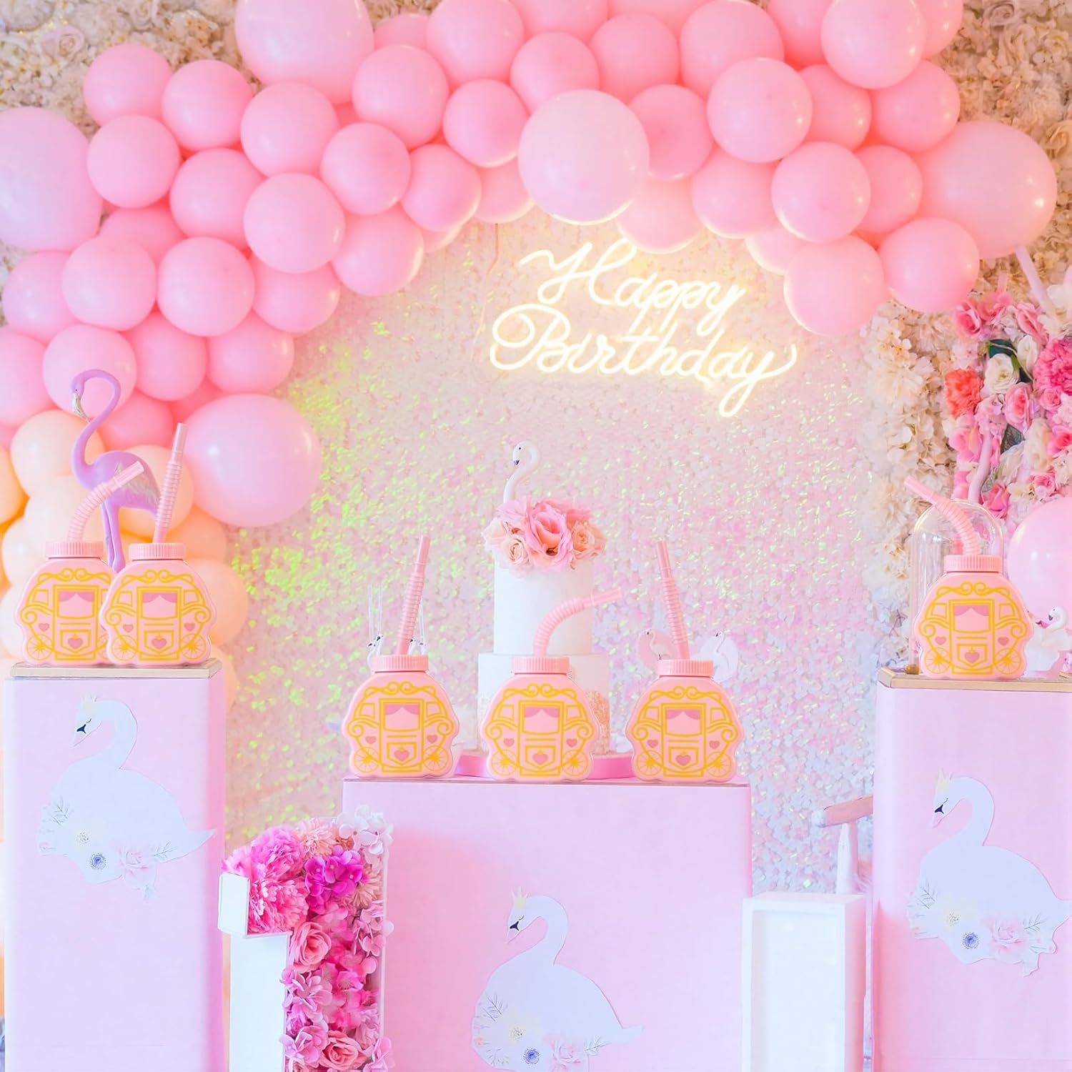 12 Set Princess Carriage Cups with Straws and Lids, Pink Princess Birthday Party Supplies 10 oz Plastic Reusable Carriage Cups for Girl Themed Birthday Party Favor