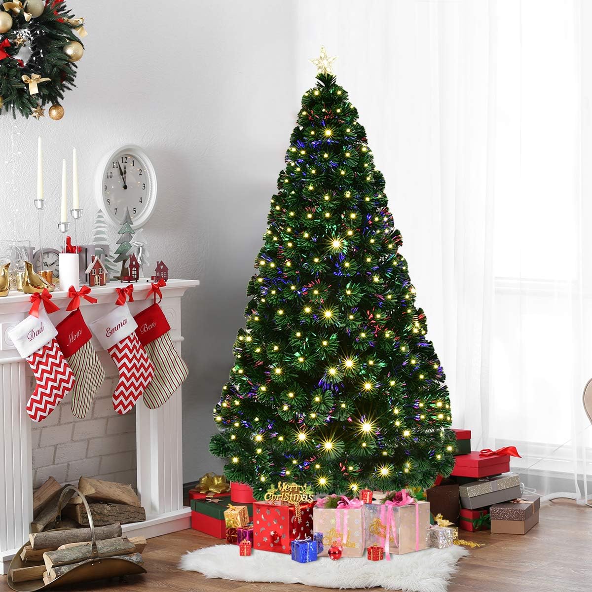 Goplus 5FT Artificial Christmas Tree Pre-Lit Optical Fiber Tree 8 Flash Modes W/UL Certified Multicolored LED Lights & Metal Stand