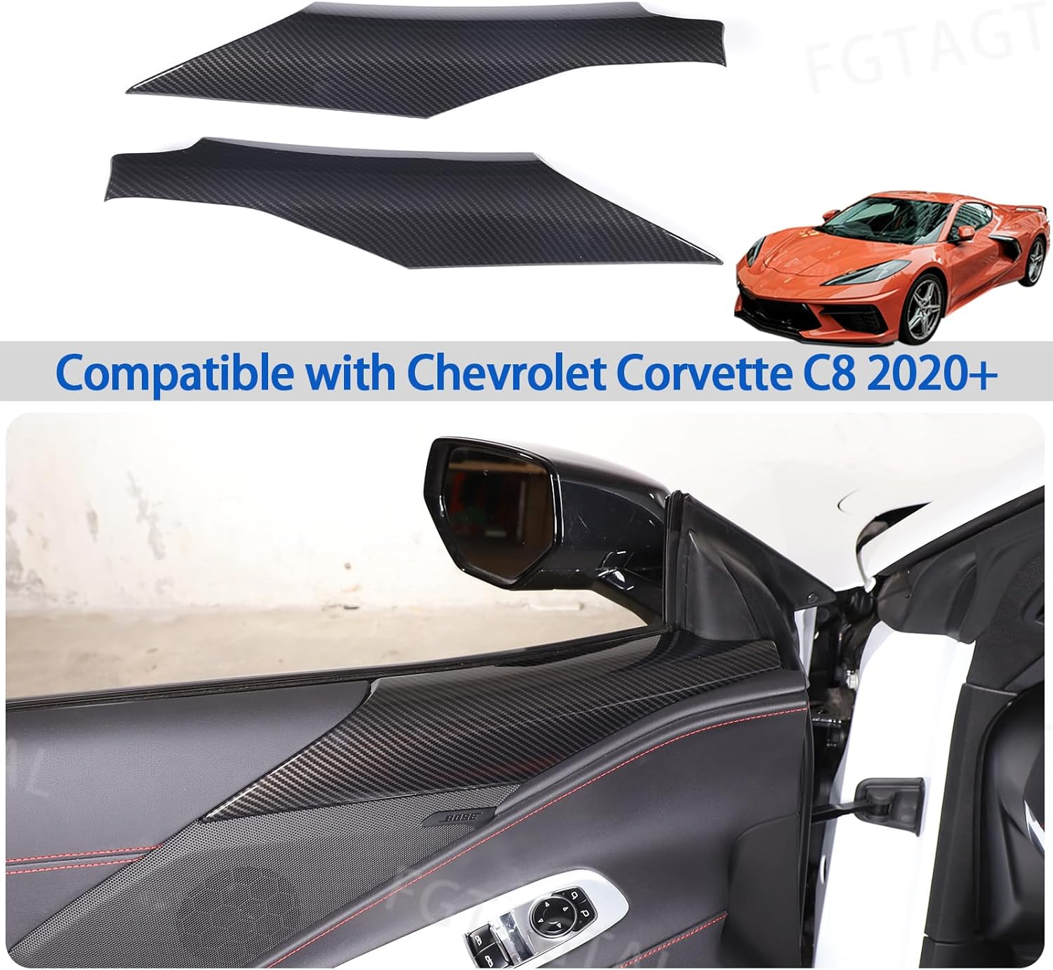 Inner Door A Pillar Lower Panel Trim Cover Compatible with Chevrolet Corvette C8 2020-2026, ABS Inner Door Panel Armrest Cover Trim, Inner Door Panel Trim 2Pcs (Carbon Fiber Pattern Black)