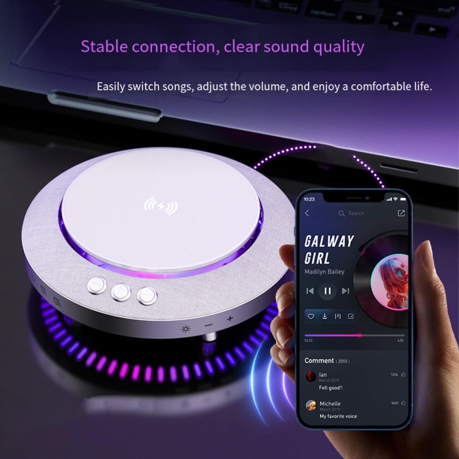 Altavoz portátil de 15 W con almohadilla de carga inalámbrica, graves BT 5.3, luz nocturna LED para viajes en casa, gris
