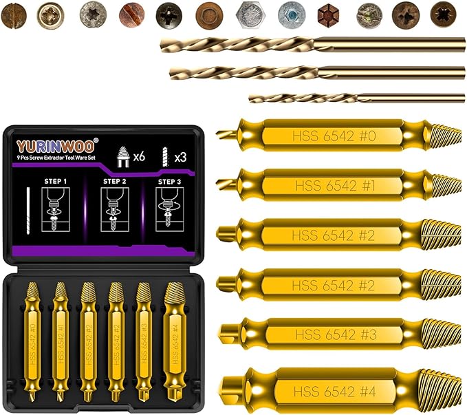 9 Pièces kit Extracteur de Vis Cassée en Alliage Titane, Dureté 80 HRC, Fabriqué en HSS 6542, Extracteur de Vis Dénudé, Extracteur de Petite Vis Pour Percer et Enlever des Vis Endommagées