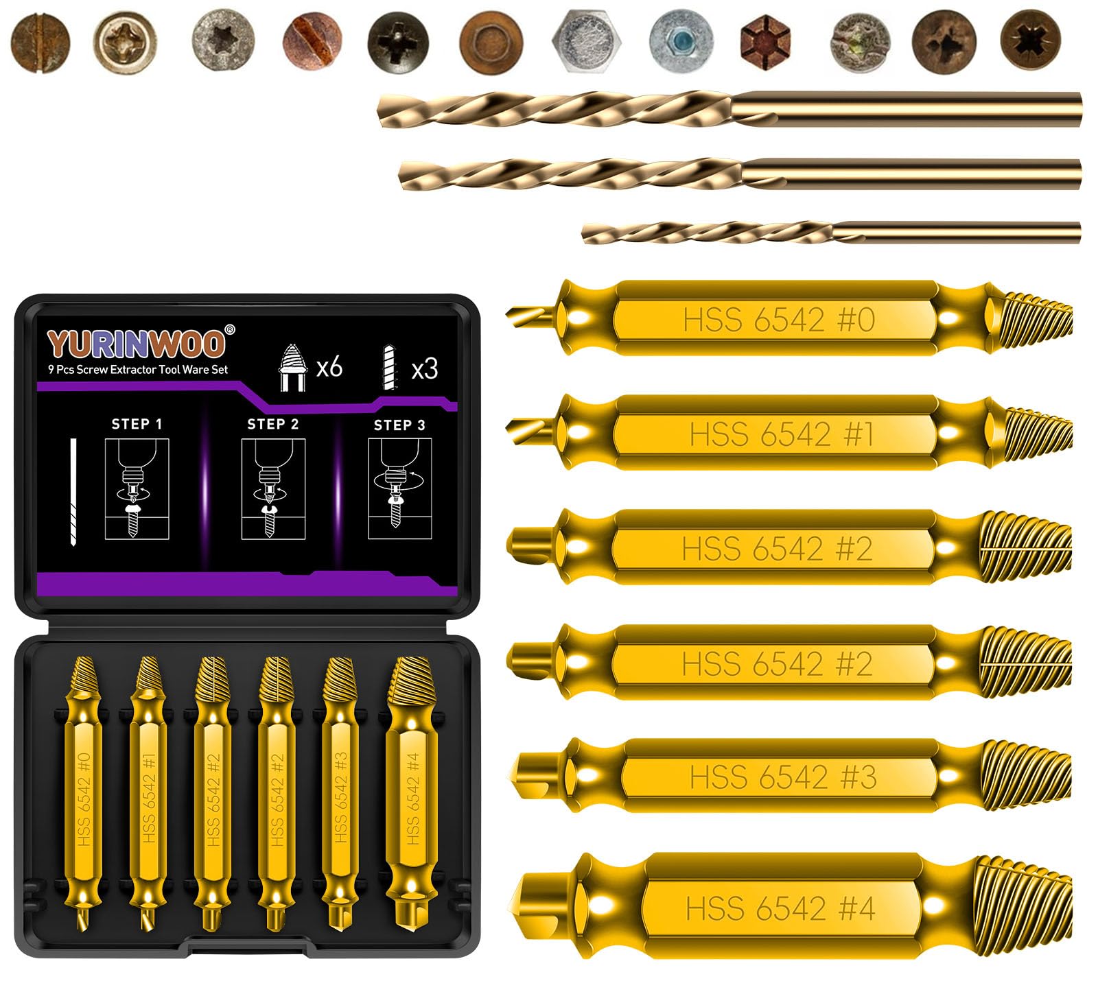 9 Piece Gold Titanium-Plated Screw Extractor Set, HRC 80 Hardness, HSS 6542, Screw Grab Screw Removal Tool, Longer Lasting