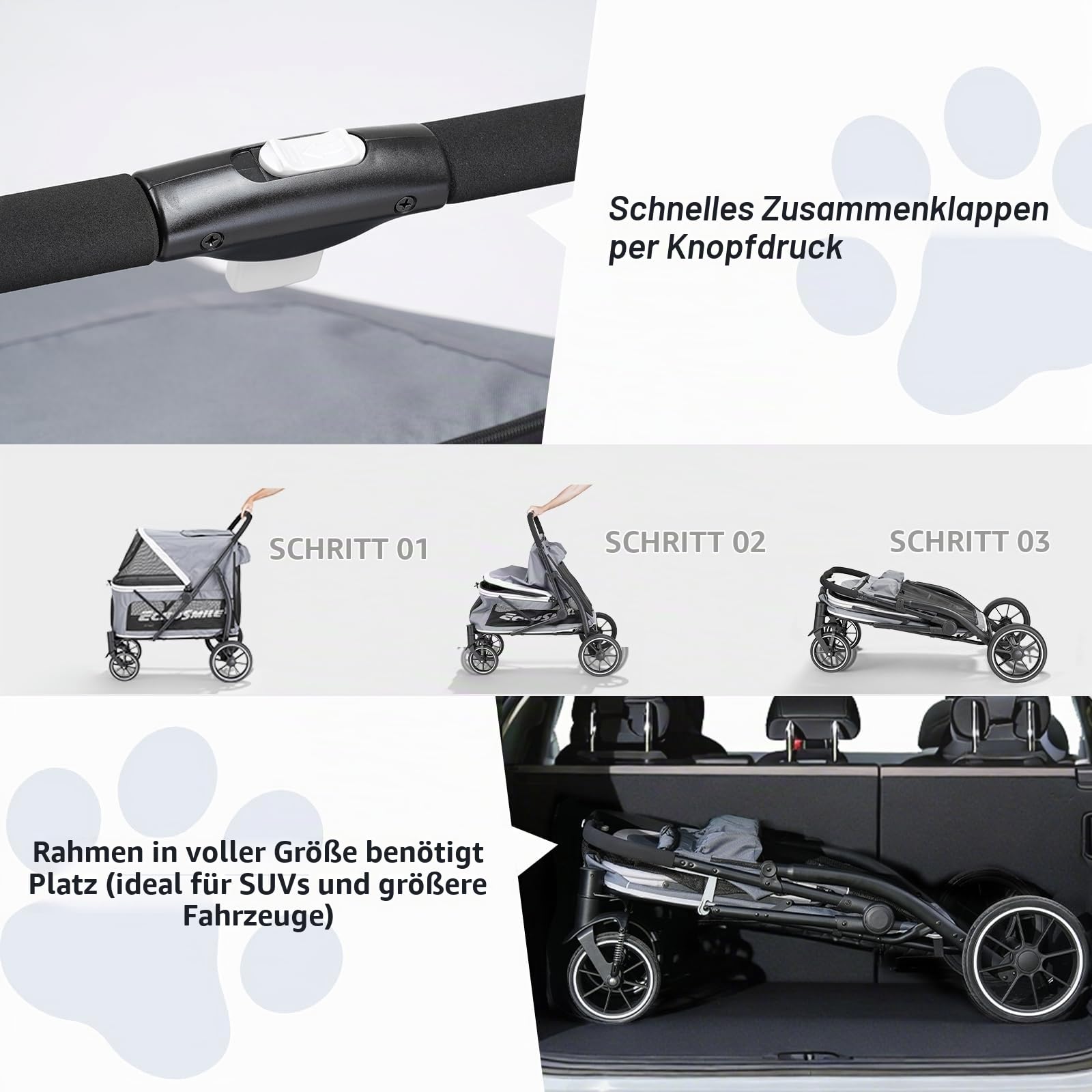 EchoSmile Hundewagen für Große Hunde bis 70kg, Faltbar Hundebuggy mit Netzfenstern, Verstellbarem Griff & 4 Geländegängige Räder, Grau + Weiß