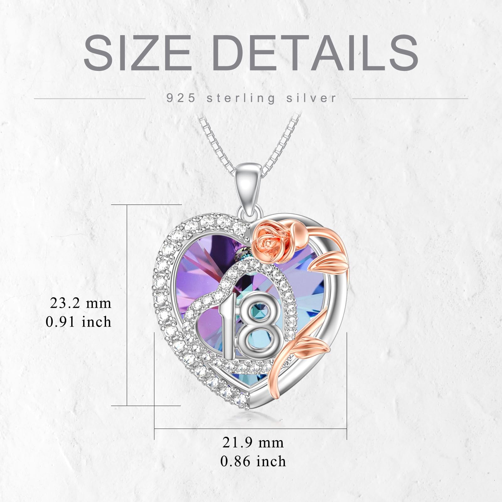 Cadeau d'anniversaire pour fille - En argent sterling 925 - Pendentif en forme de rose - Cœur - Cristal - Cadeau d'anniversaire - Cadeau pour fille de 18 ans, Argent sterling,
