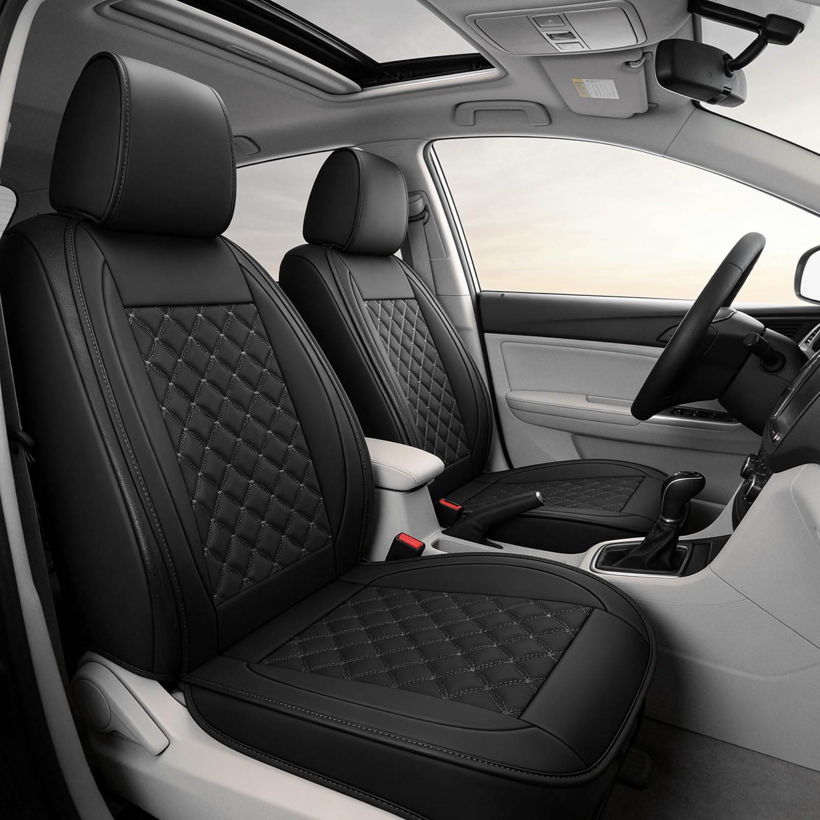 2 Stück PU Kunstleder Auto Vordersitzbezüge, Schwarz mit Rhombus Motiv | Universelle Passform , Airbag Kompatibel, Verschleißfest & Atmungsaktiv, Einfache Montage Autositzbezüge Set