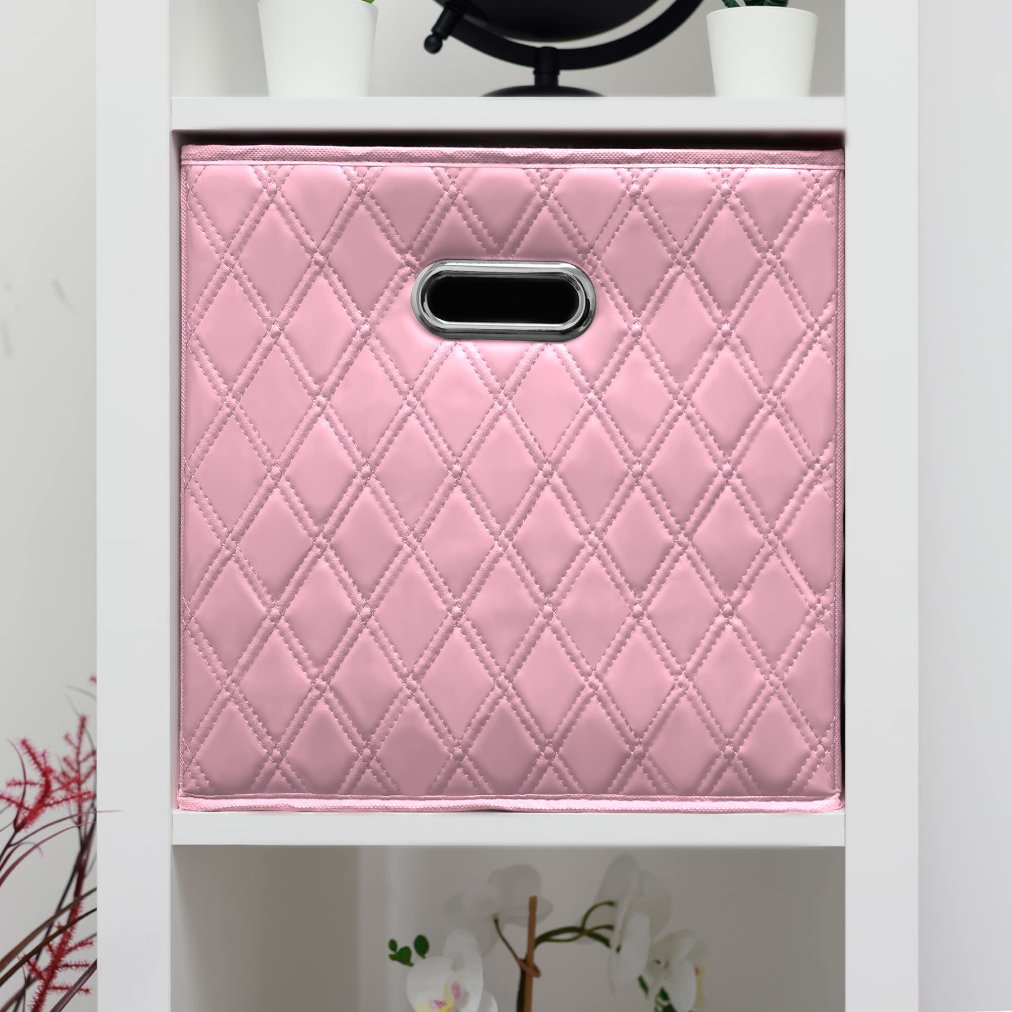 JIAessentials 11 inch Pink Foldable Diamond Patterned Faux Leather Storage Cube Bins Set of Two with Handles for living room, bedroom and office storage