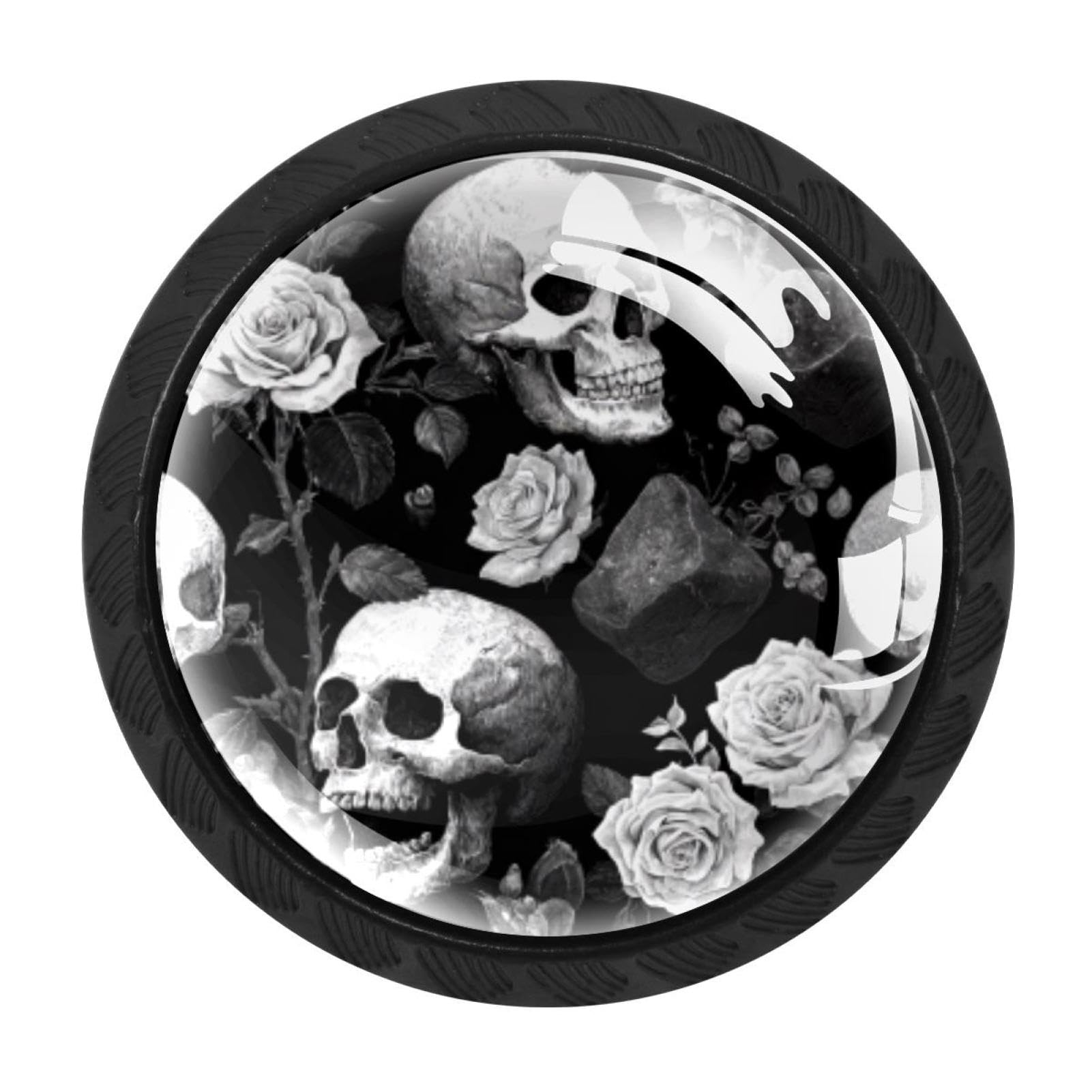 CHENZZZZ 4 Pack Black White Skull Rose Rock (2) Kitchen Cabinet Knobs Drawer Knobs Door Dresser Handles for Personalized Gifts Great for Any Occasion