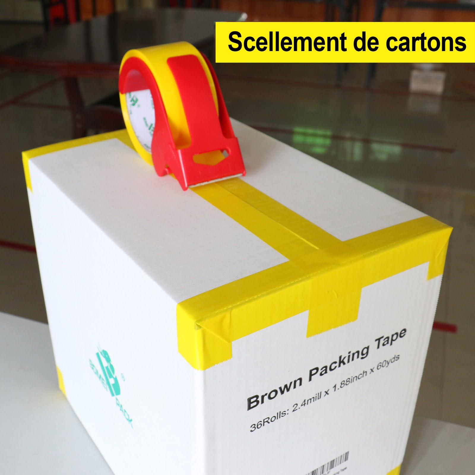 BOMEI PACK Ruban d’emballage 66m x 48mm 3 rouleaux avec dévidoir adhésif fort Jaune
