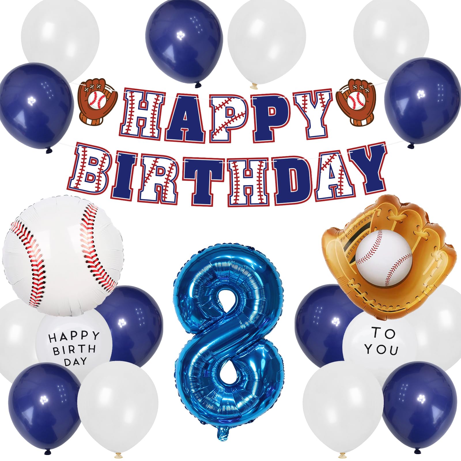 BTZO バルーン 誕生日 8歳 野球 風船 数字8 飾り付け バースデー パーティー スポーツパーティー 試合 応援 サプライズ デコレーション 店舗装飾 ベースボール 野球ミット キャッチャー グローブ