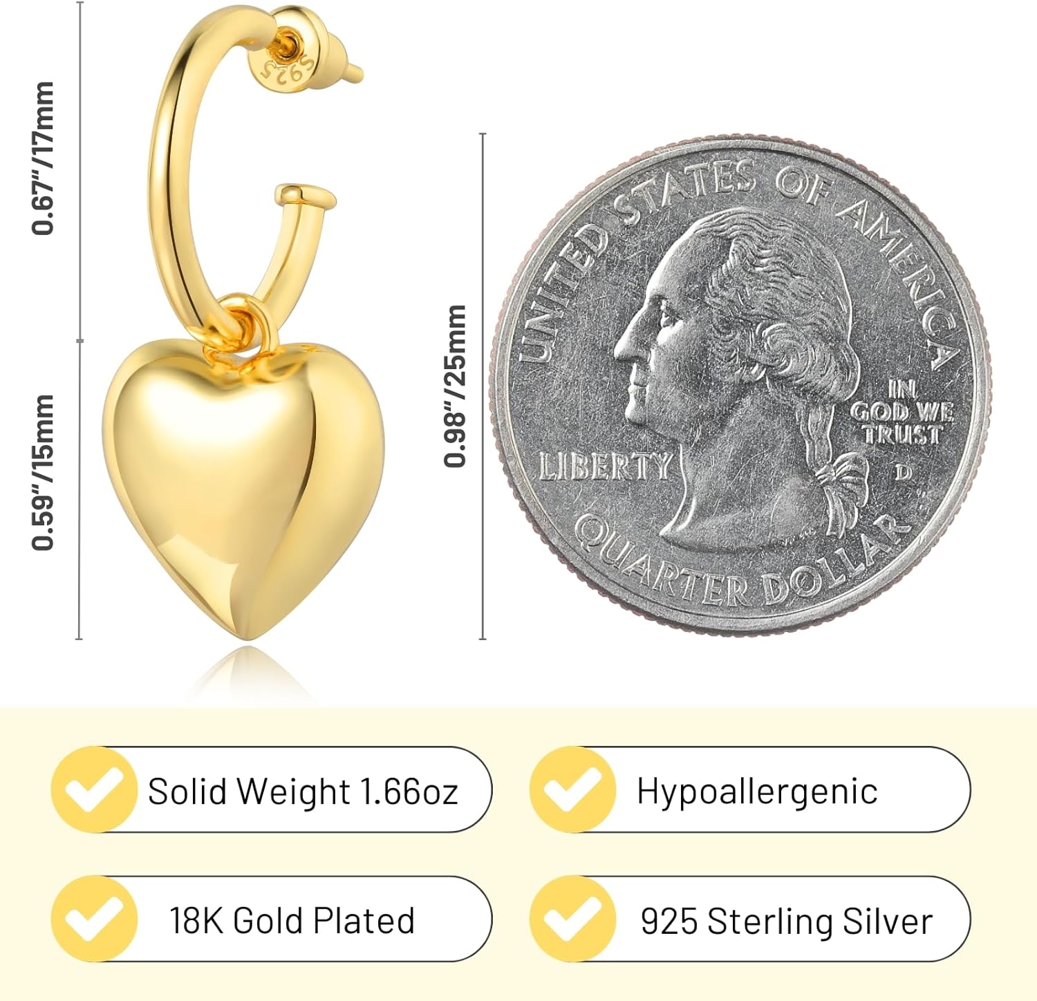 Gold Heart Earrings for Women 18K Gold Plated 925 Sterling Silver Pearl Drop Earrings Dangle Hypoallergenic Puffy Heart Pendant Hoop Earrings Jewelry Gifts for Lover - Image 4