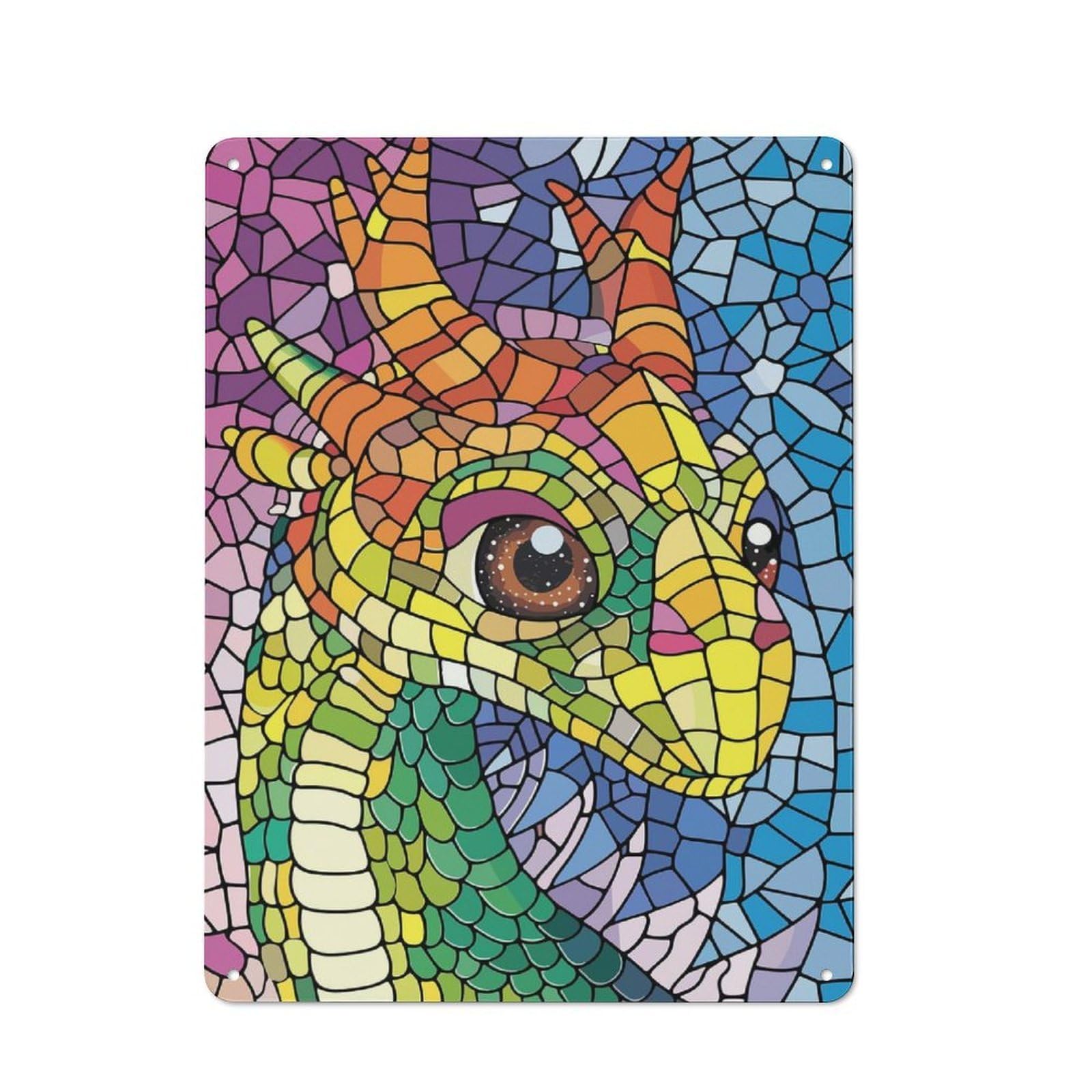 Junmoney Style-8 Garage Style Decorative Metal Plaque 40X30cm Featuring Colorful Dragon Mosaic Portrait, Garage Wall Decor For Garage, Workshop, Shed Or Utility Room