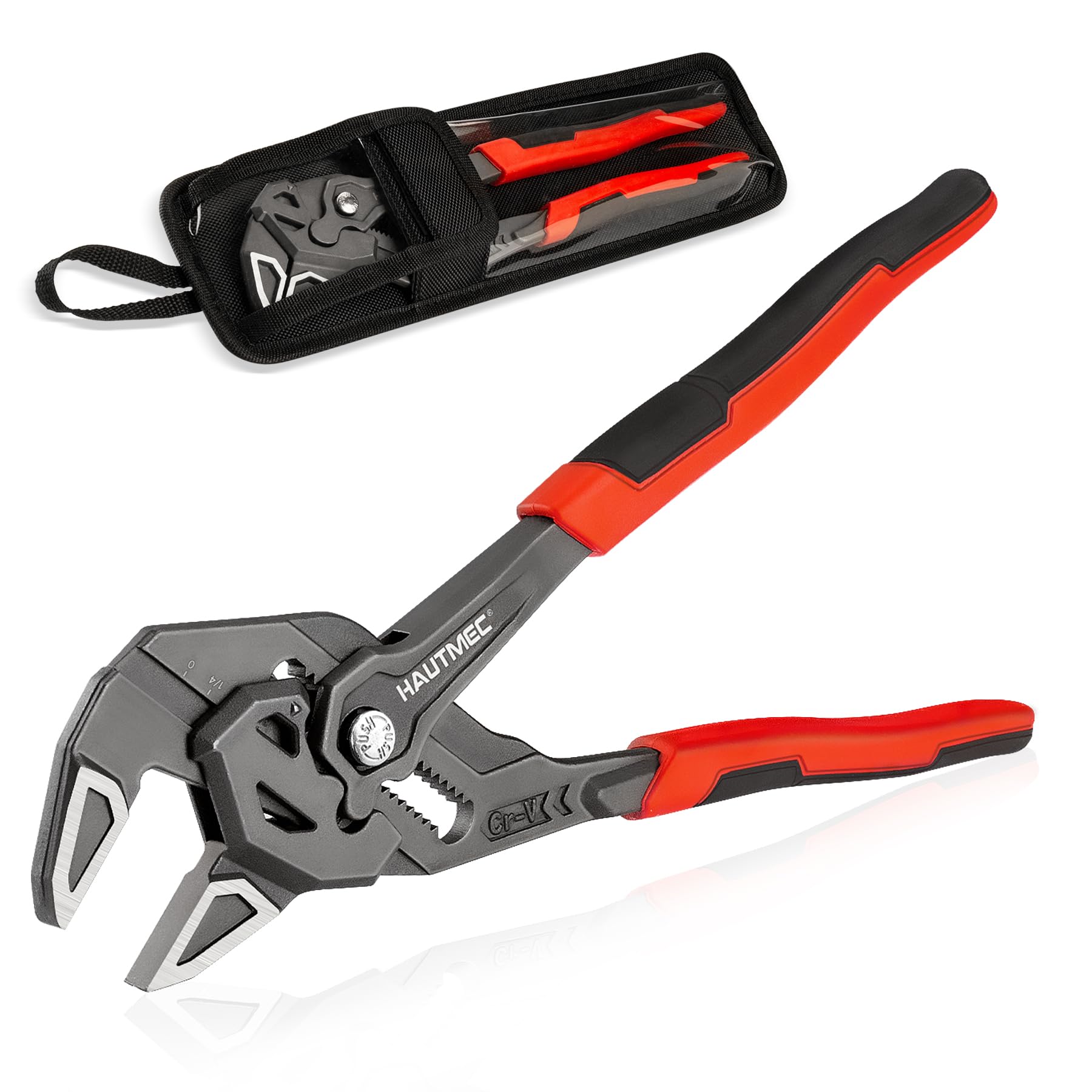 HAUTMEC Adjustable Pliers Wrench, 250mm Smooth Jaw Parallel Pliers, Adjustable Spanner, CR-V Steel & Phosphated Rust-Resistant, SAE/Metric Scale, Storage Belt Pouch for Professional Plumbing & DIY