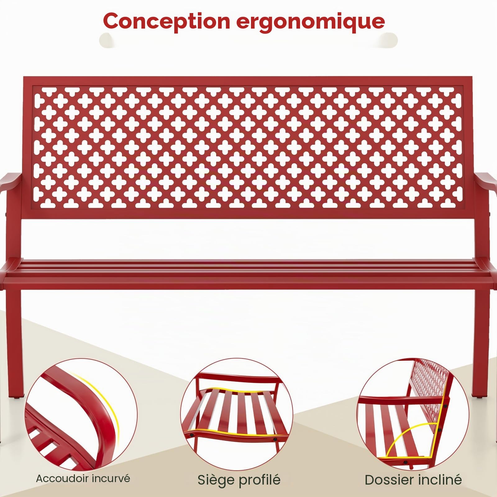 KOMFOTTEU Banc de jardin 2 places, banc d'extérieur avec accoudoirs, charge 300 kg, banc de jardin vintage en métal, pour cour, parc, terrasse, 127 x 62 x 86 cm (rouge)