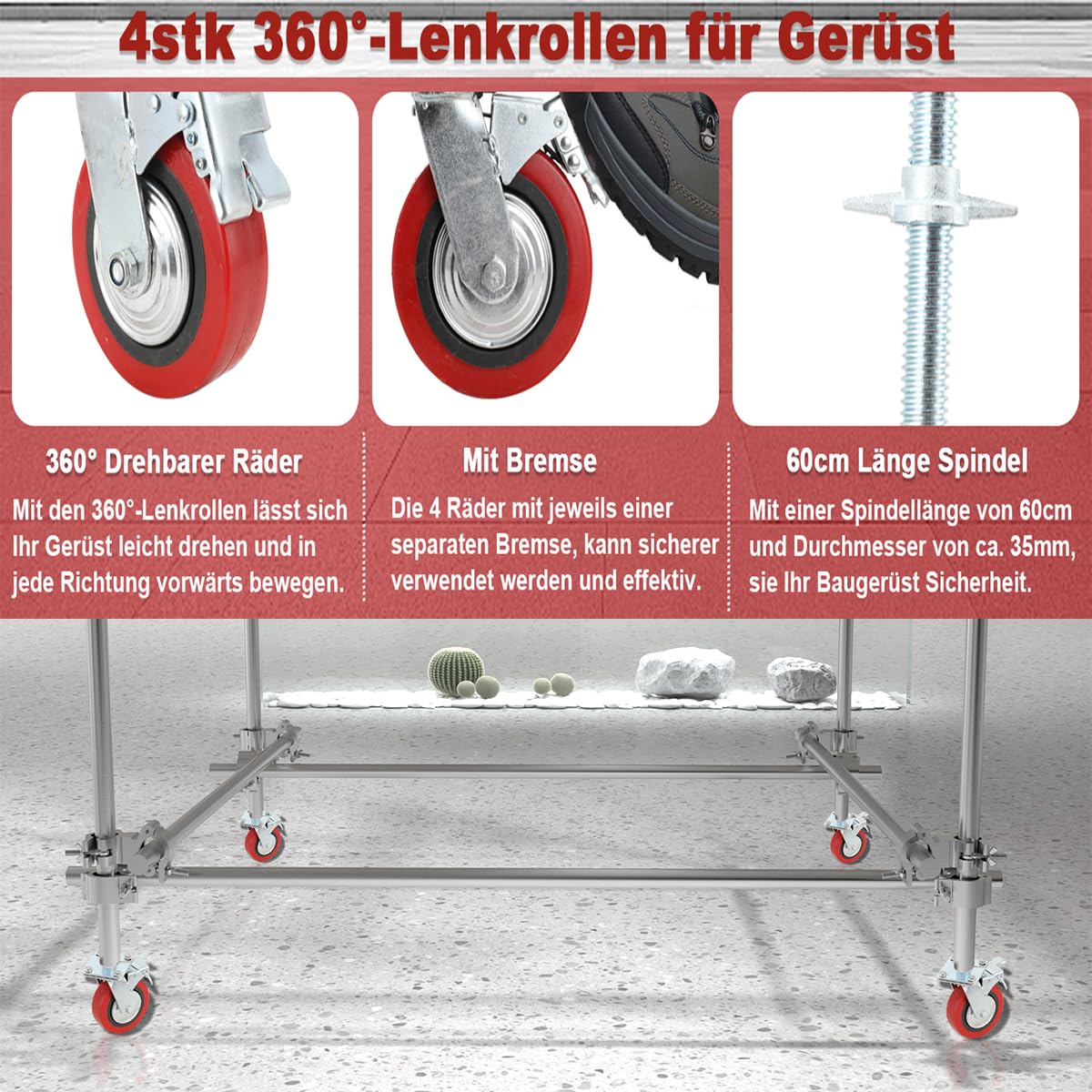 4 Stück Gerüstrollen 190 mm Stahlspindel Gerüsträder mit Bremsem | 360° Drehbar, 750kg Tragfähigkeit, Spindelrollen Gerüst Schwerlastrollen Räder, für Arbeitsgerüste Transportrollen Lenkrollen