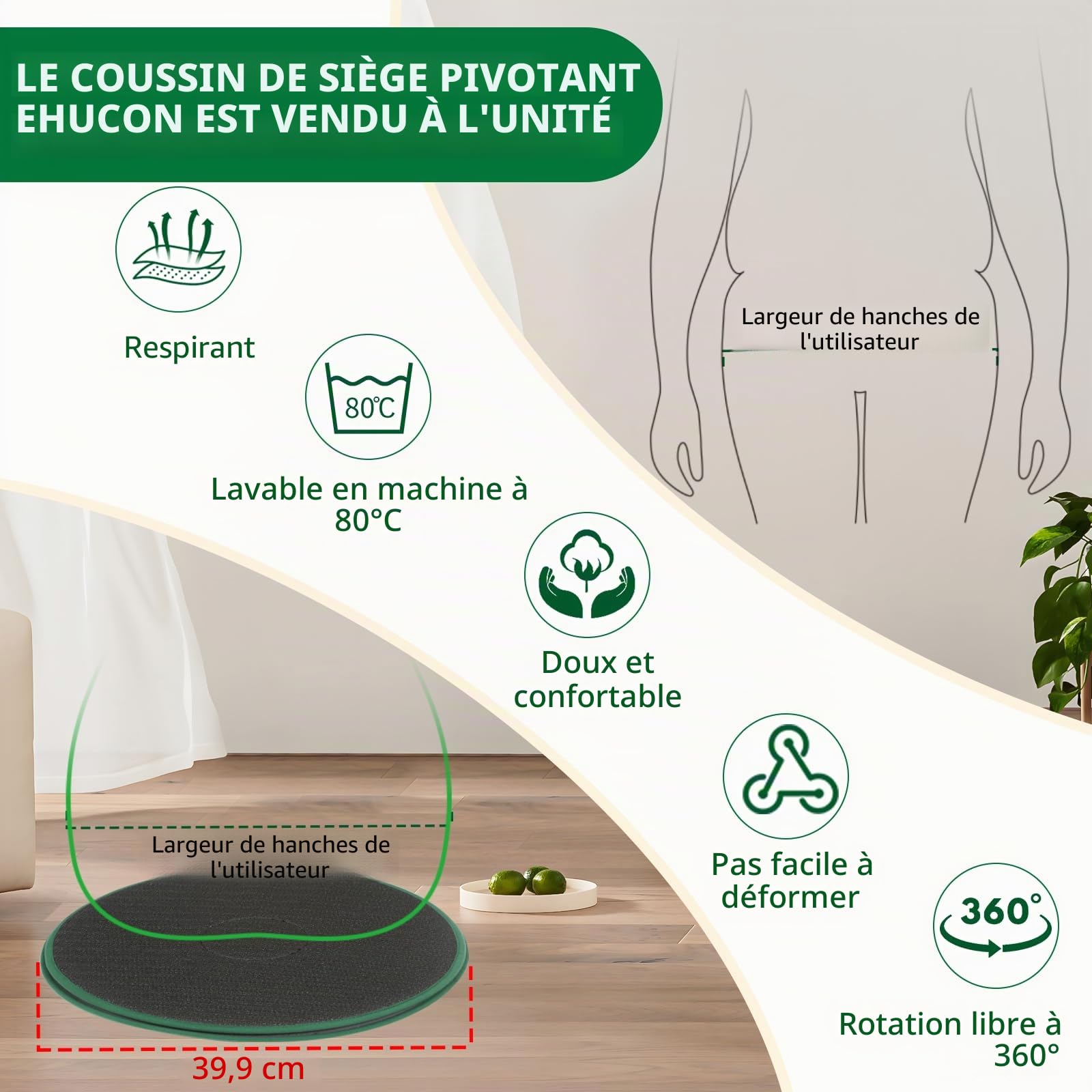 Coussin de Siège Pivotant 360 Degrés pour Voiture ou Chaise,Disque Pivotant de Coussin de Rotation pour Personnes Âgées,Aide au Siège Pivotant pour Voiture/Chaise. (Gris, 40cm)