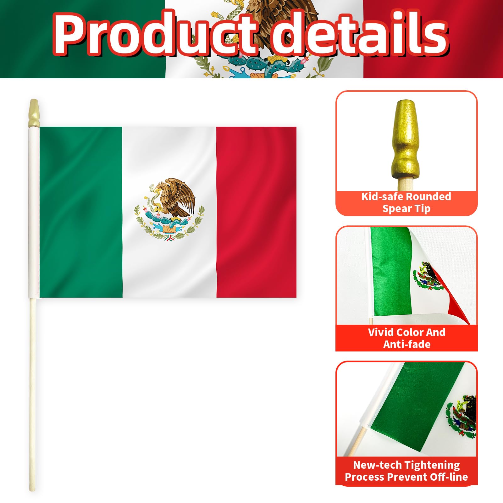 Paquete de 20 banderas mexicanas de mano de 5 x 8 pulgadas, pequeñas banderas de México en palos de madera con parte superior de lanza dorada, mini bandera mexicana para el Cinco de Mayo, Día de la