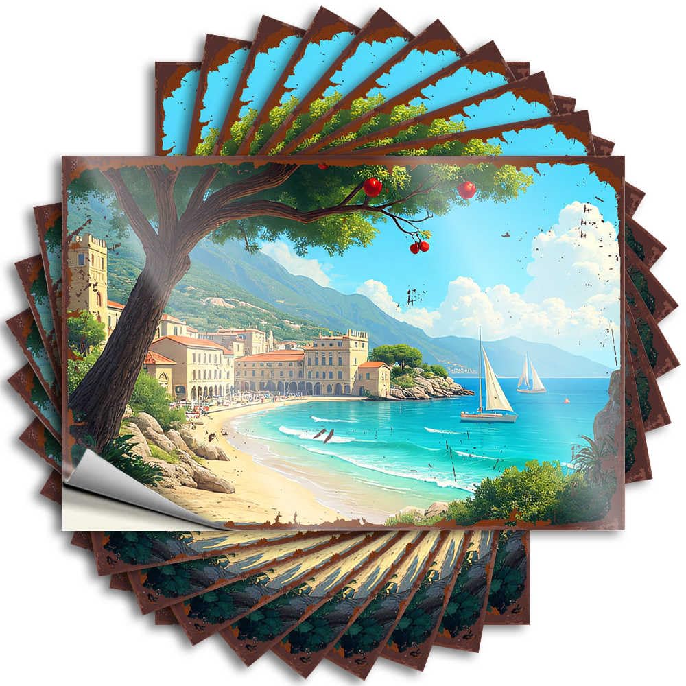 Beachside Village with Sailing Boats and Apple Tree Decal Mens Decor | Fire Case Removable Decal Pack(8X12CM)