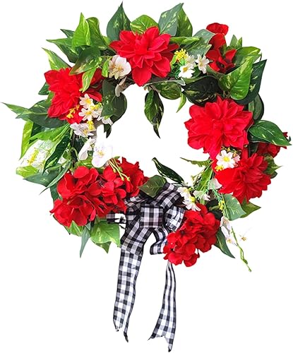 Firlar Corona de flores artificiales de geranio, corona de puerta de geranio falso, corona de primavera y verano con hojas verdes para puerta