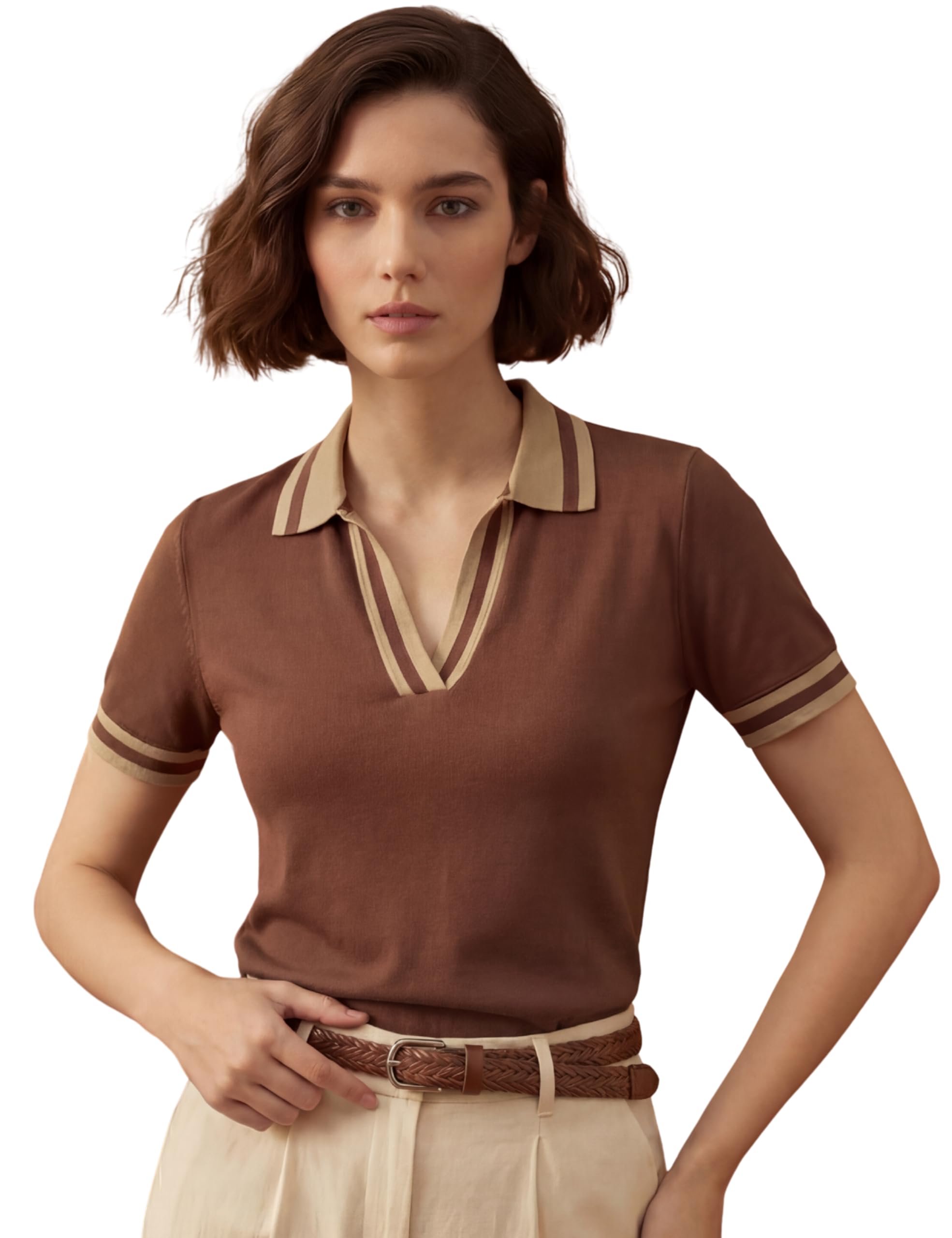 fyltr Women's Modern V-Neck Striper Collar Solid Polo T-Shirt - Contrast Tipping Details | Regular Fit | T-Shirts for Women | Open Placket-picture-38