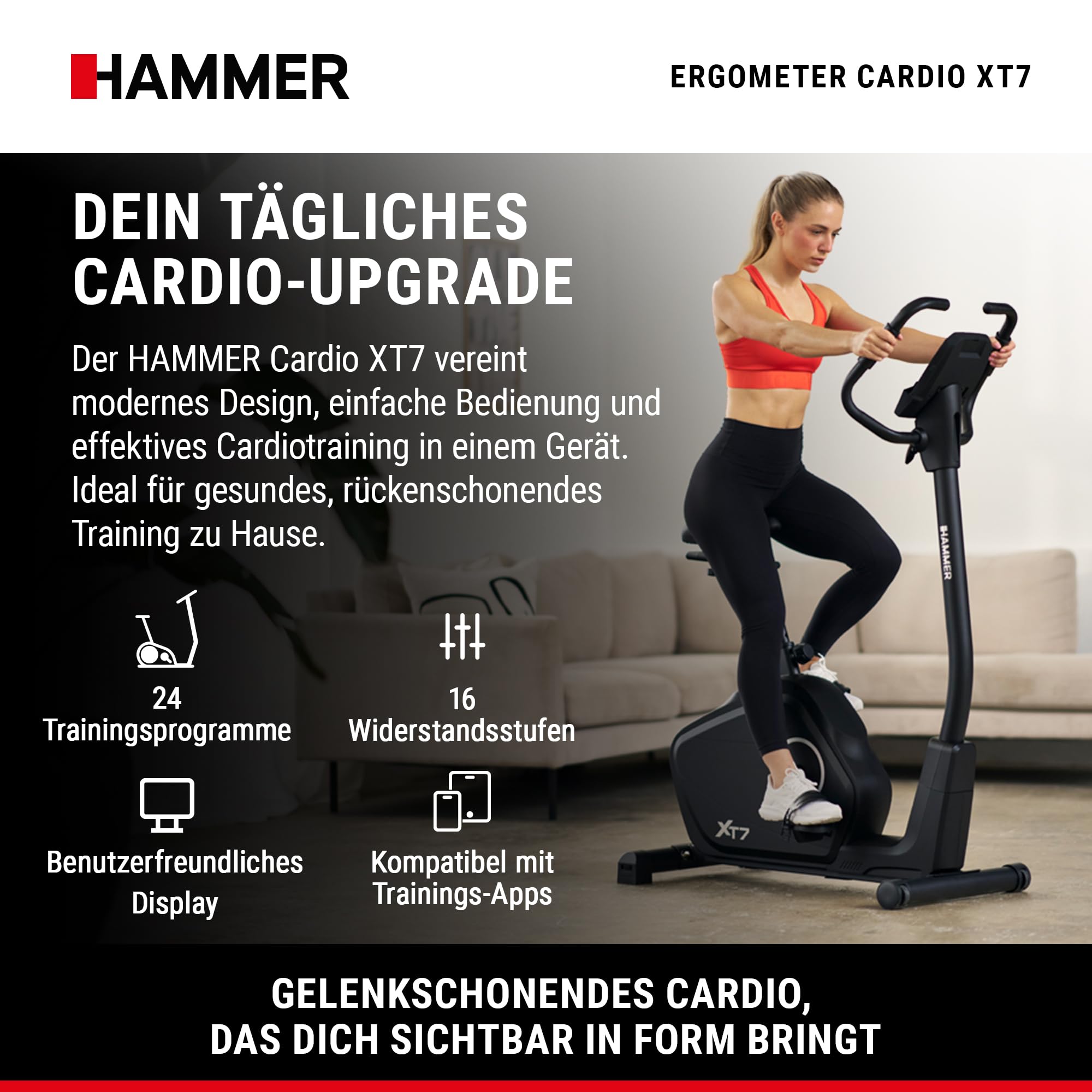 HAMMER Ergometer Cardio XT7 – leiser Heimtrainer für Zuhause mit tiefem Einstieg, App Kompatibel mit Kinomap, 8 kg Schwungmassensystem, 24 Programme, Hometrainer Fahrrad bis 130 kg