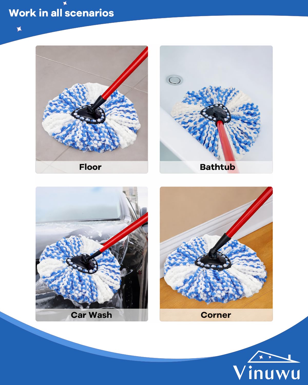 Vinuwu Lot de 5 têtes de balai de recharge compatible avec Vileda H2Pro Spin Mop en microfibre serpillière pour système RinseClean à 2 réservoirs, lavables et réutilisables