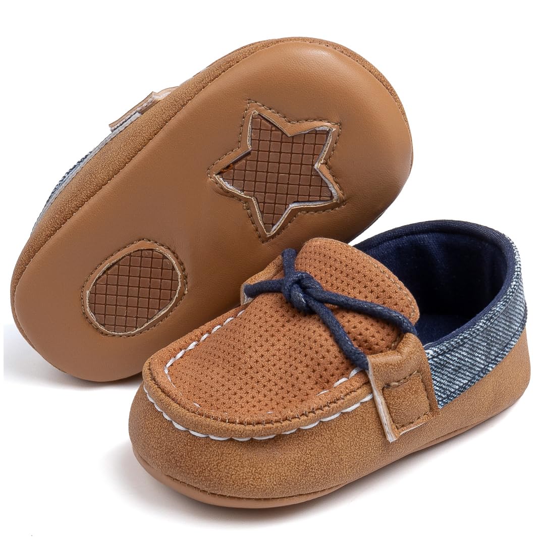 moceen baby boy dress shoes, newborn infant loafers slip-on pu leather first walker crib shoes with non-slip rubber star sole, 6-12 months, brown m104
