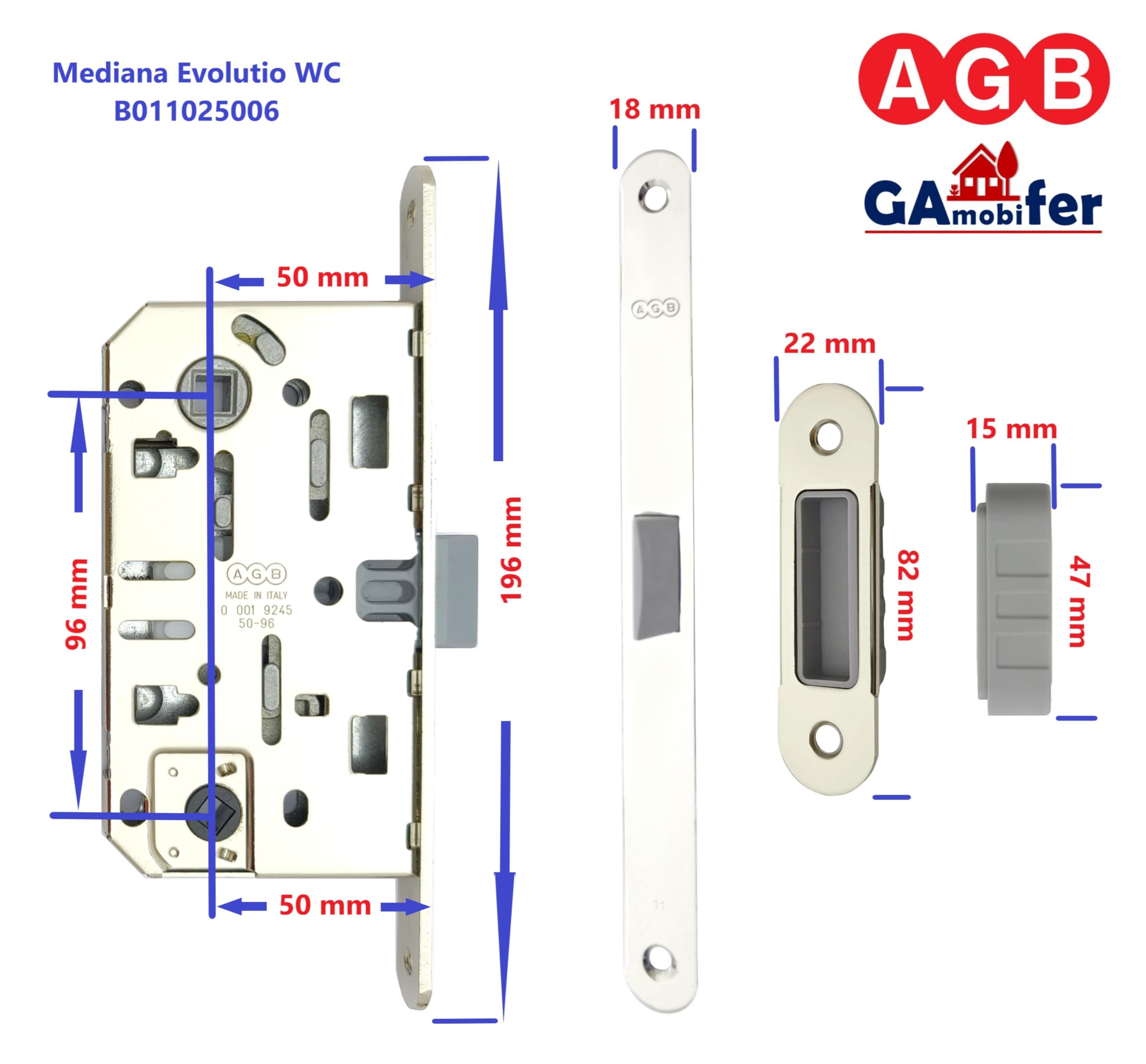 AGB Mediana Evolution Lock with Central Latch Only for Internal Door. (Glossy Nickel Plated Toilet), Polished Nickel Plated Toilet - Image 2