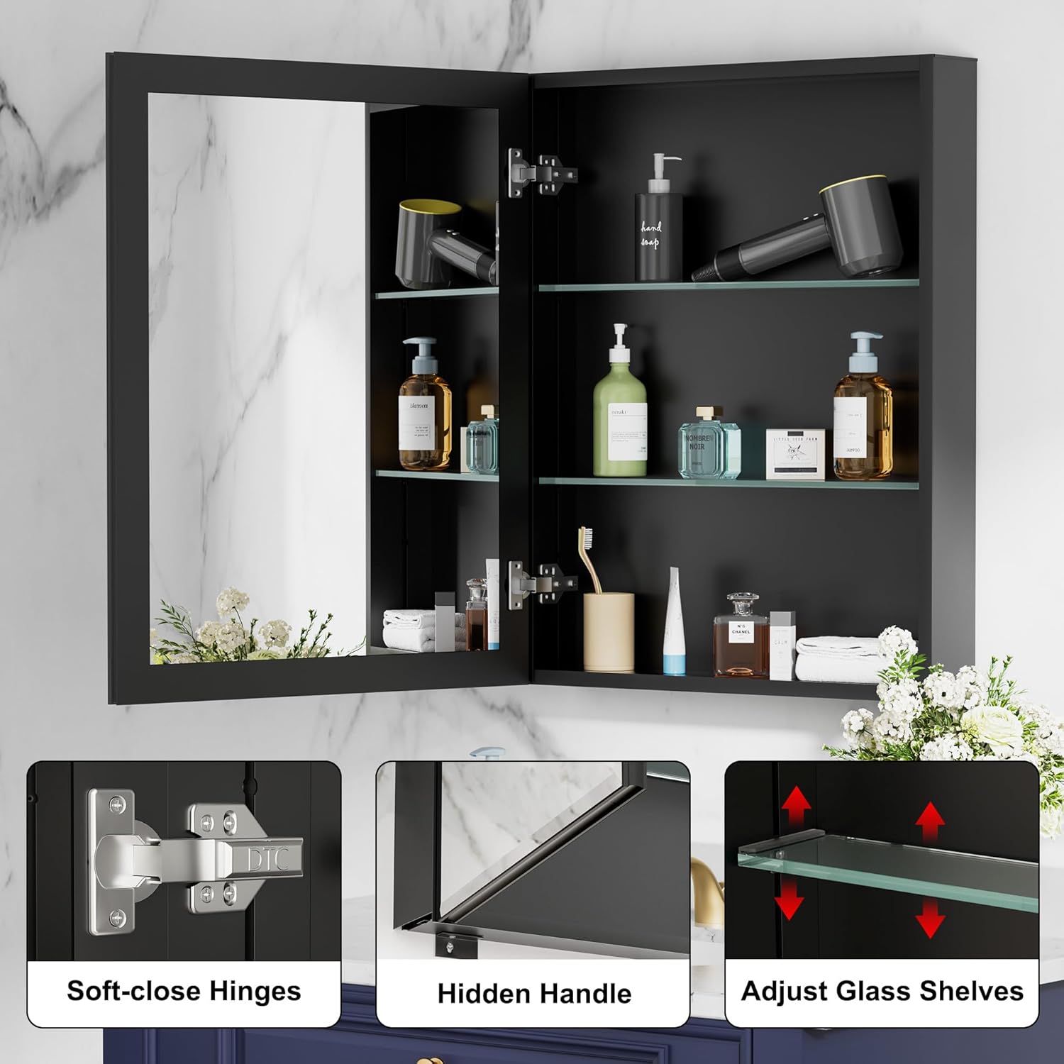 28 x 30 Inch Large Aluminum Medicine Cabinet with Beveled Mirror, Black