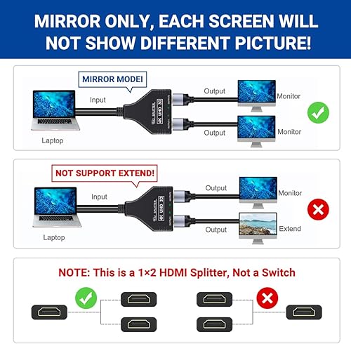 Miniatura 9 de Divisor HDMI 4k 1 en 2 salidas 4k 30hz HDMI 2.0 cable HDMI macho a doble hembra con cable USB de alimentación para HDMI HD, LED, LCD, TV, monitores