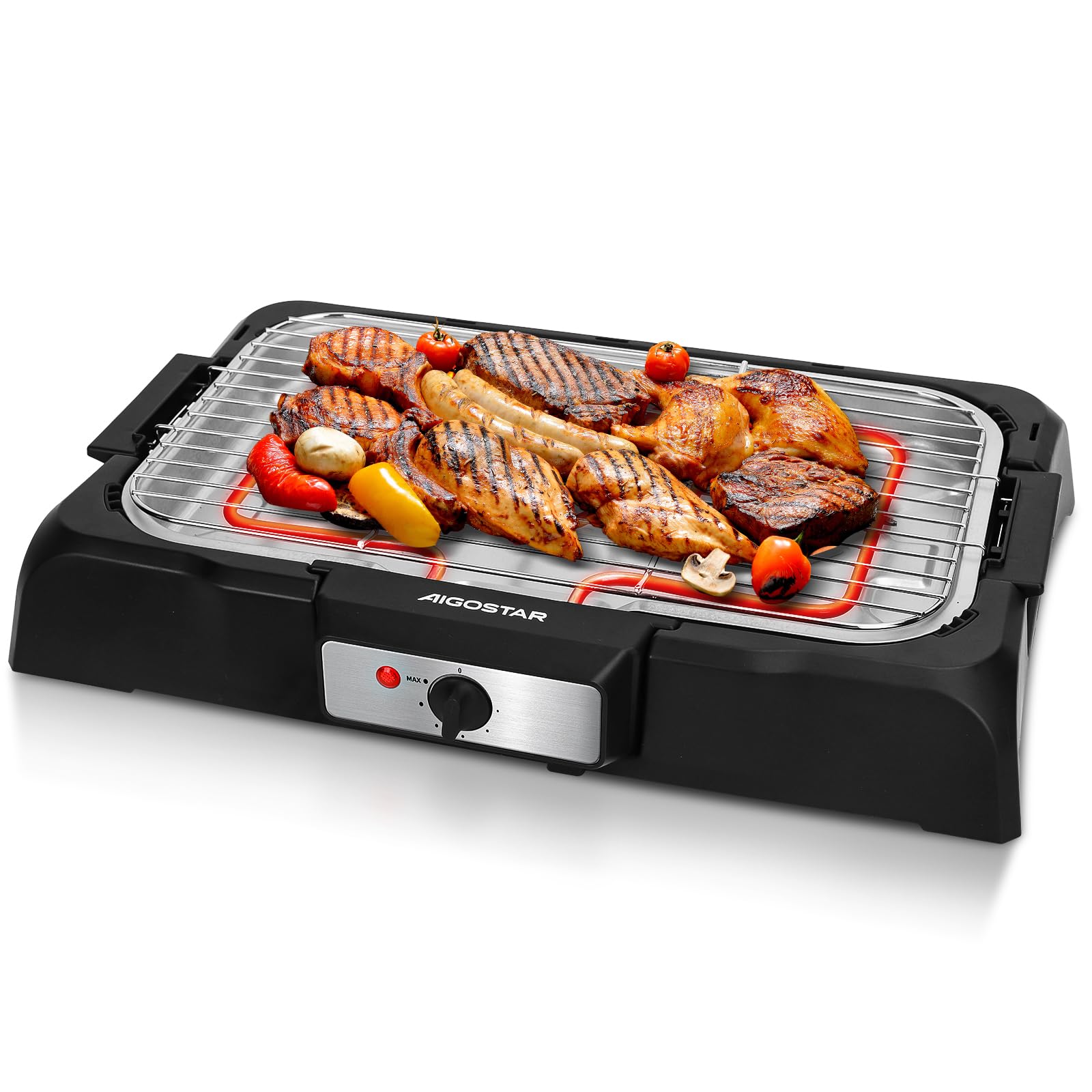 Aigostar Griglia Barbecue Elettrica da Tavolo, Griglia per Feste, Termostato Regolabile, Cottura Lenta e Rapida, Potenza 2000 W, Nero