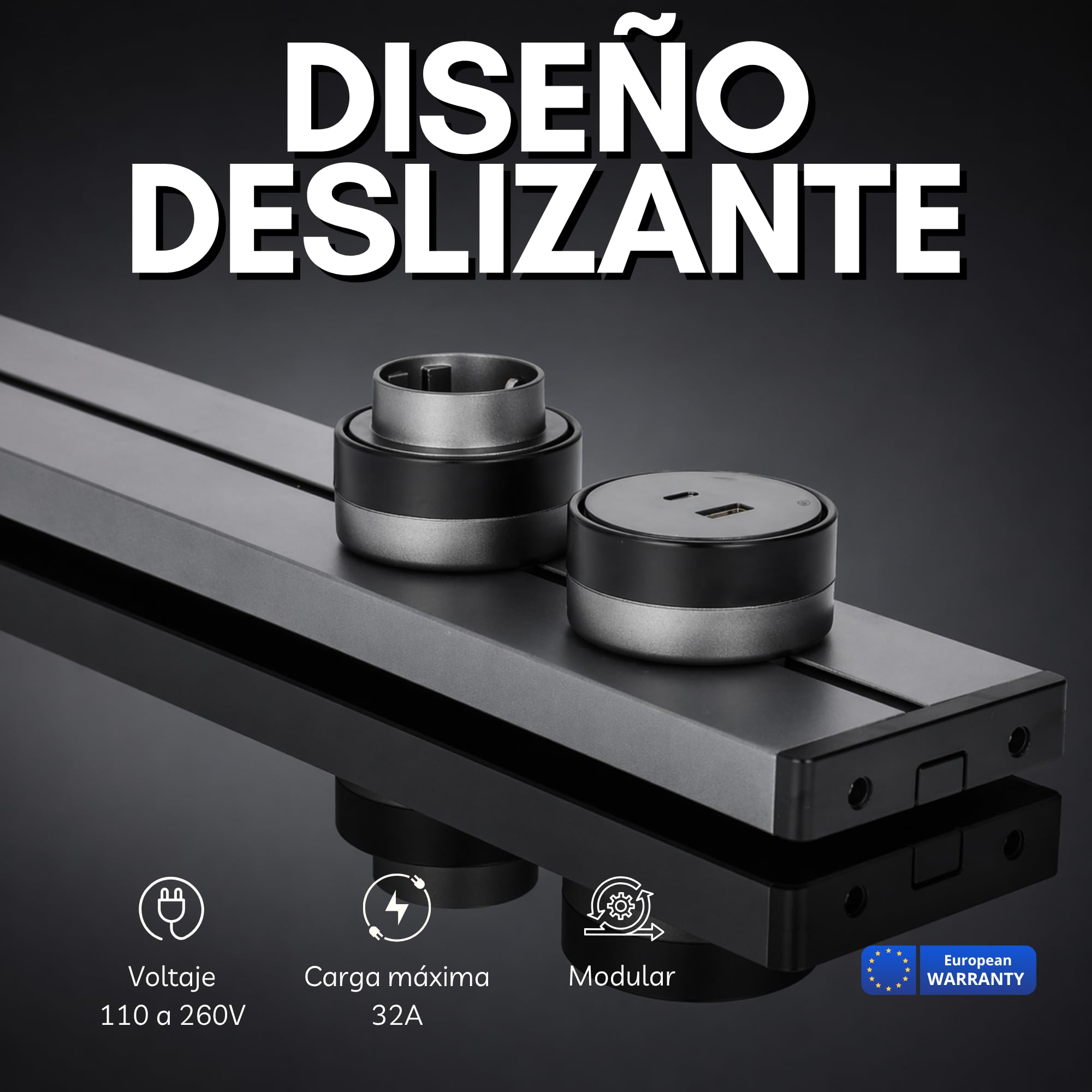 Carril de Enchufes Deslizantes 50 cm, Regleta Modular en Aluminio, Compatible con hasta 7 Tomas, Ideal para Hogar y Oficina