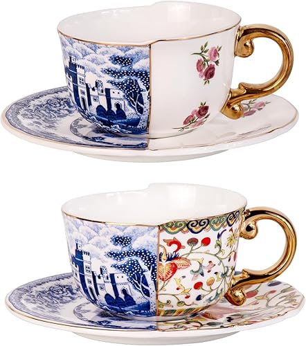 Miniatura 17 de KAMMAK Juego de 2 tazas de té y platillos, tazas de café de porcelana fina, tazas de café apilables de 8.5 onzas, Demitasse de cerámica para café,