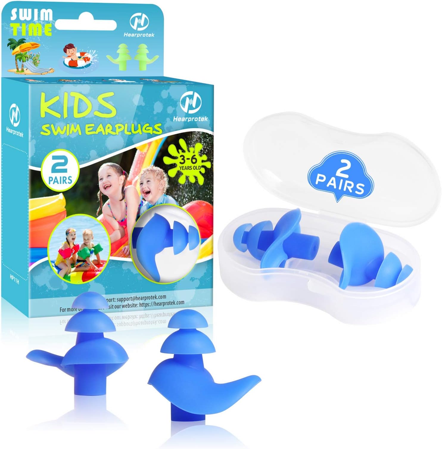 Hearprotek 2 Pairs Ear Plugs for Swimming Kids, Soft Silicone Reusable Kids Swim earplugs for Bathing and Other Water Sports (Free Temporary Tattoos Included) (Blue)