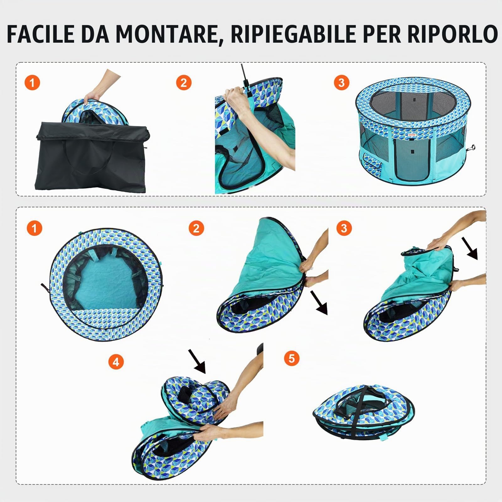 VEVOR Box per Cani Portatile 1117x1117x609 mm Box per Cuccioli Gatto Coniglio Pieghevole in Tessuto Oxford 600D, Cerniera Rotondo Impermeabile Esterno Interno da Campeggio Viaggio Attività all'Aperto