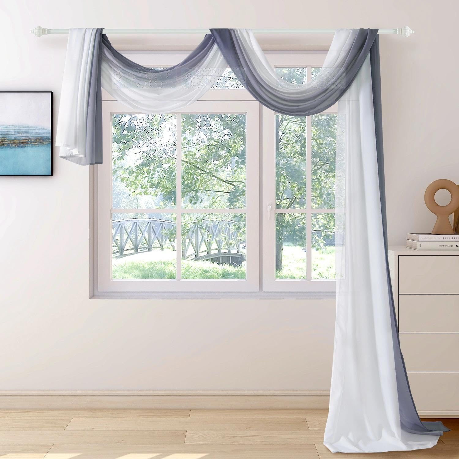 NAPEARL Ombre Window Scarf Valance Extra Long, Bed Canopy, Voile Scarf Curtains for Windows, Drapes for Backdrop, Wedding Arch Draping Fabric, Kids Bedroom, Swag Curtain 216 Inches, Grey