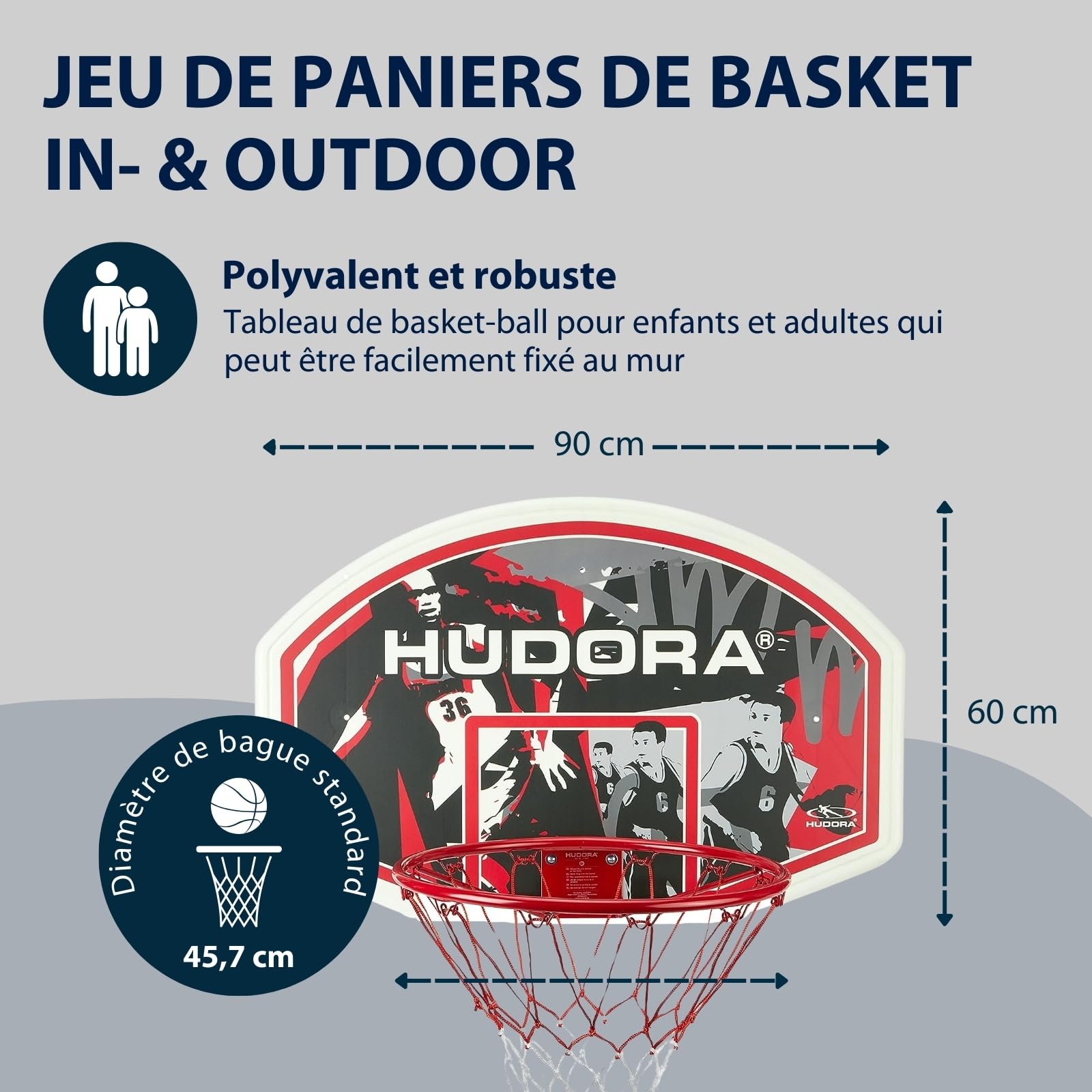 Hudora Kit de panier de basket pour l'intérieur et l'extérieur avec planche, panier de basket avec matériel de fixation murale, planche de basket-ball et panier pour adultes/adolescents et enfants