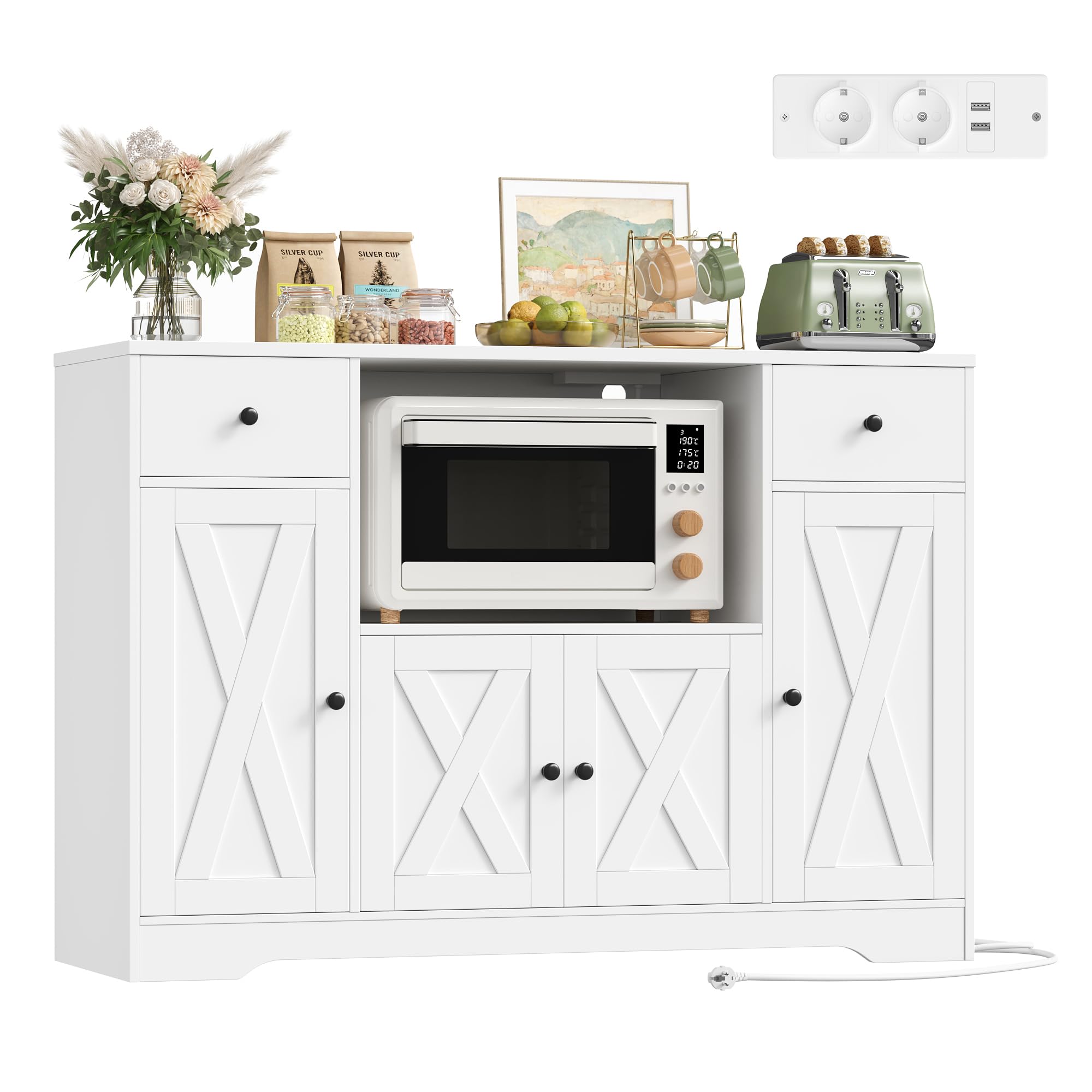 HOCSOK Buffet Cuisine, Meuble Micro-Ondes, Multiprise et Etagères Réglables | Buffet Salle a Manger avec 2 Tiroirs 4 Portes, Meuble de Rangement pour Salon, Couloir, 120×85×40 cm, Blanc/Noir