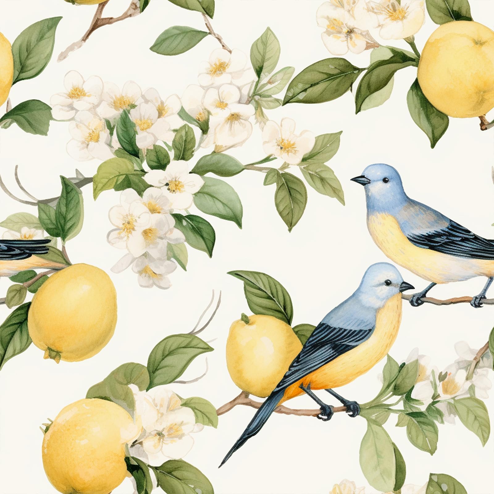 VEELIKE Vintage Tapete Zitrone Vogel Fototapete Blumen Mustertapete 44.5 cm x 300 cm Selbstklebende Tapete Küche Badezimmer Fototapete Schlafzimmer Schränke Abnehmbar Wand Dekoration Wohnzimmer