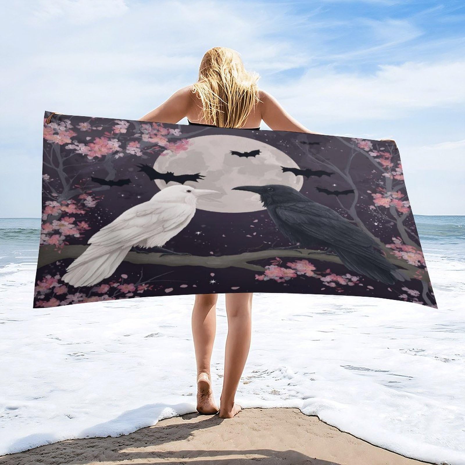 Luyysky Gothic Aesthetic Crow Couple Quick-Drying Beach Towel, Rustic Romantic Full Moon Japanese Cherry Blossom Animal Bat Travel Vacation Single Sided Pile Bathroom Towels-80 W Cm X 160" L Cm