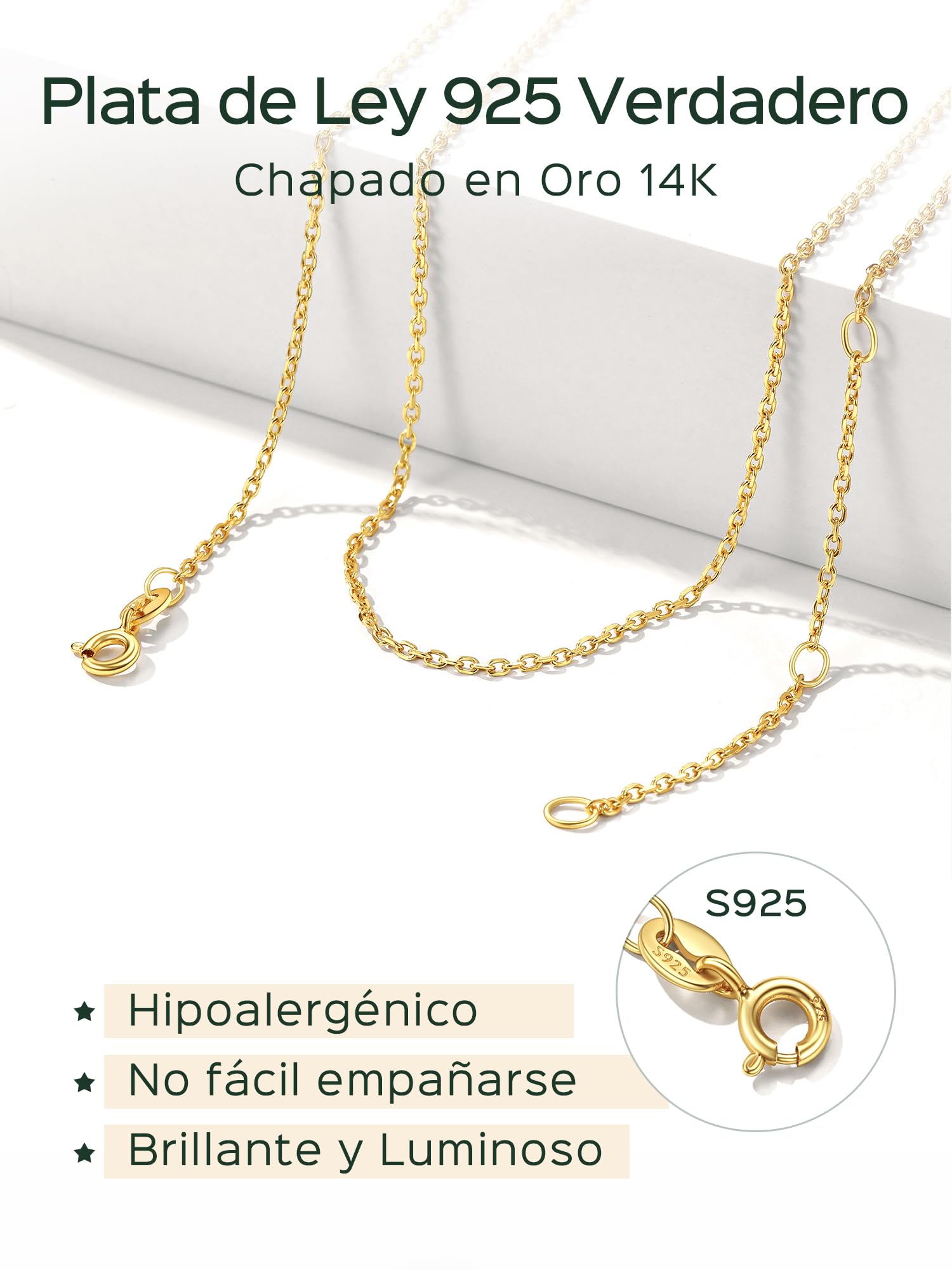 ChicSilver 925 Plata Cadena Fina Mujer para Colgante Collar Delicioso | 1,1/1,5mm Ancho 40-60cm Largo Chapado en Oro Blanco/18K Joyería Minimalista Regalo