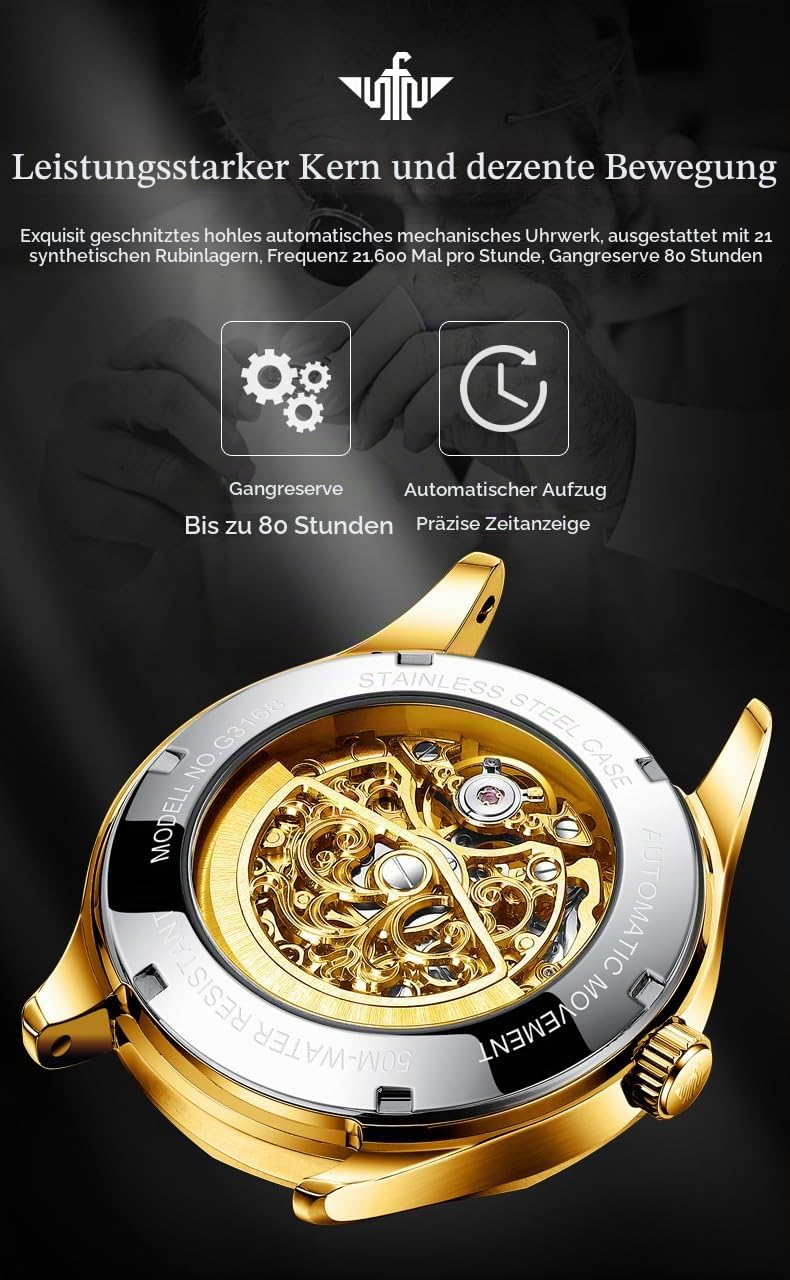 OUPINKE Herren-Skelett-Uhren mechanisch luxuriös automatisch mit Selbstaufzug Saphirglas wasserdicht Wolfram-Stahlband