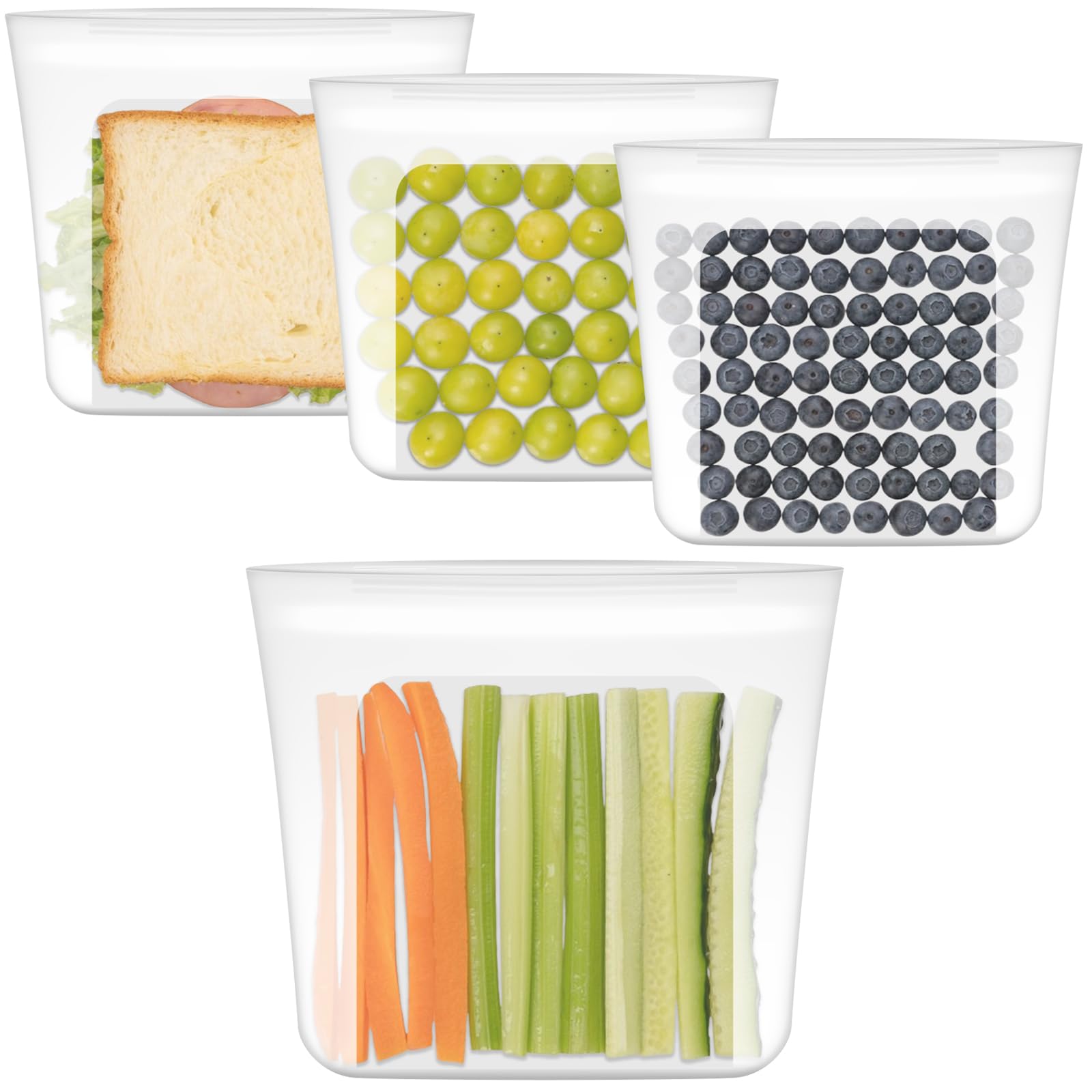 100% Silicone Ziplock Reusable Sandwich Bags, BPA Free, 4 Pack, Translucent