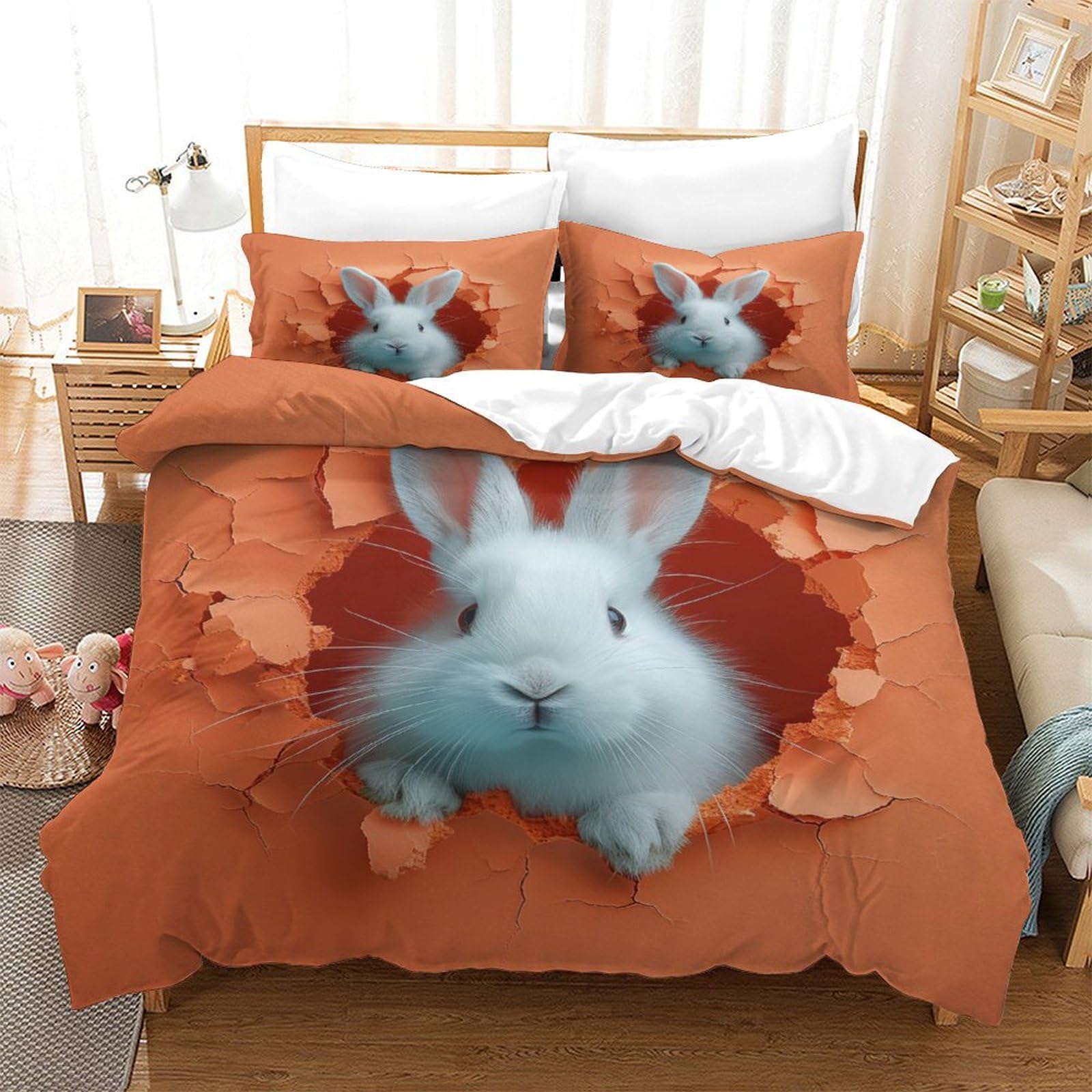 P1S9U7W5Y Lovely Animal 3D Printed Rabbit Duvet Cover Set 3 Pieces Microfiber Bedroom Decor Rabbit Bedding Set for Adults Teens All Seasons Soft and Breathable Single（140x200cm）