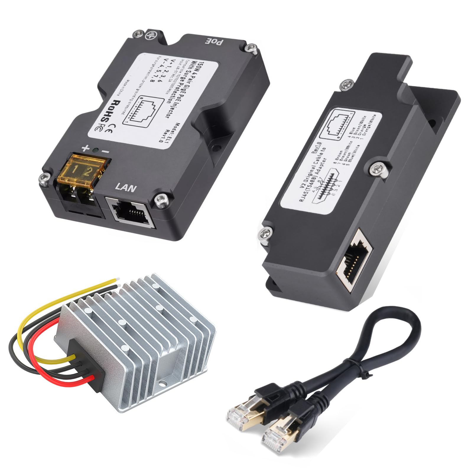 DpofirsStarlink GigE PoE Injector 150W Starlink Dish Cable Adapter to RJ45 Starlink DC Boost Converter 12V to 48V for Starlink Dish V2 Internet Kit 1000Mbps T568B RJ45 Pin