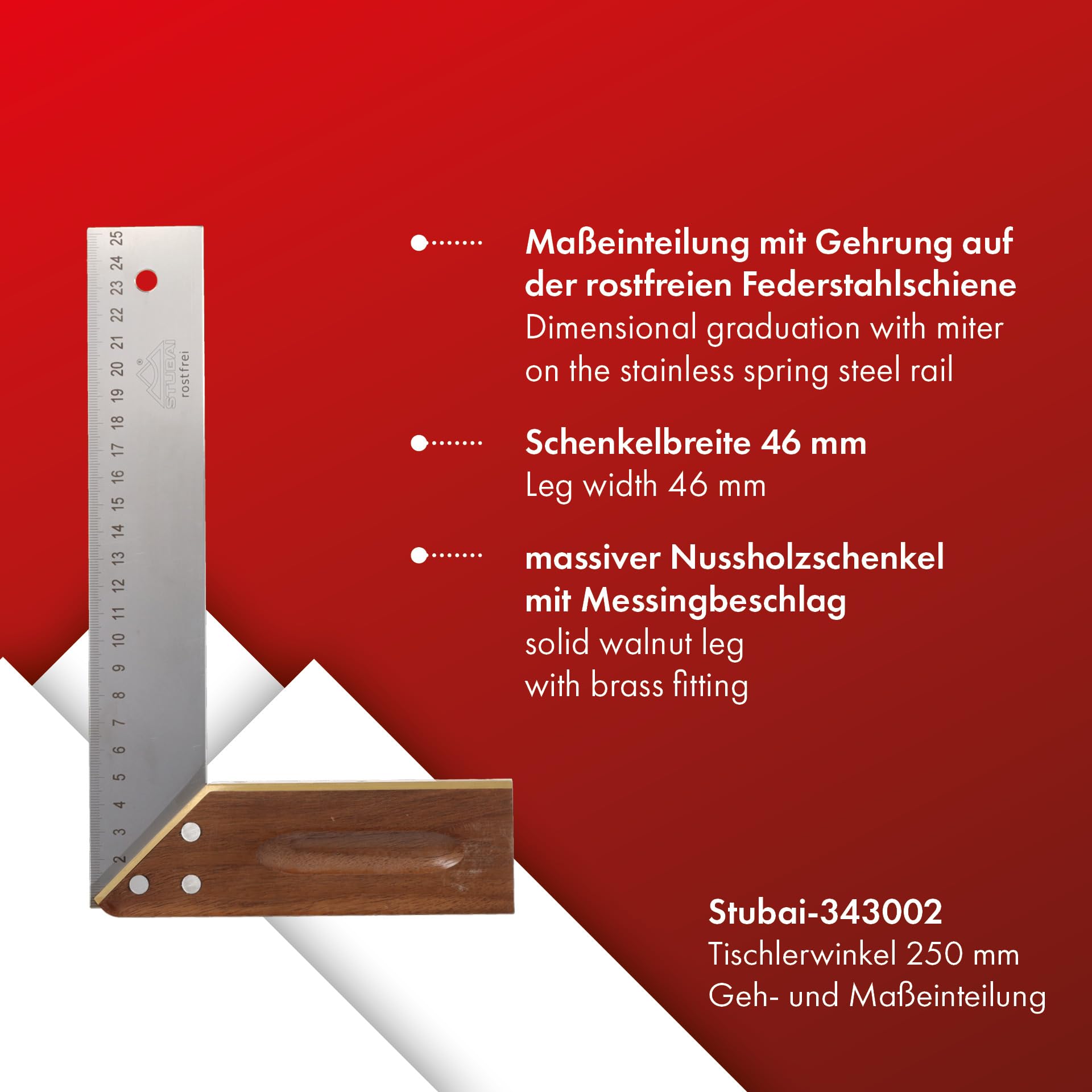 Stubai 343002 - Escuadra de carpintero con inglete y marcador de medida (250 mm)