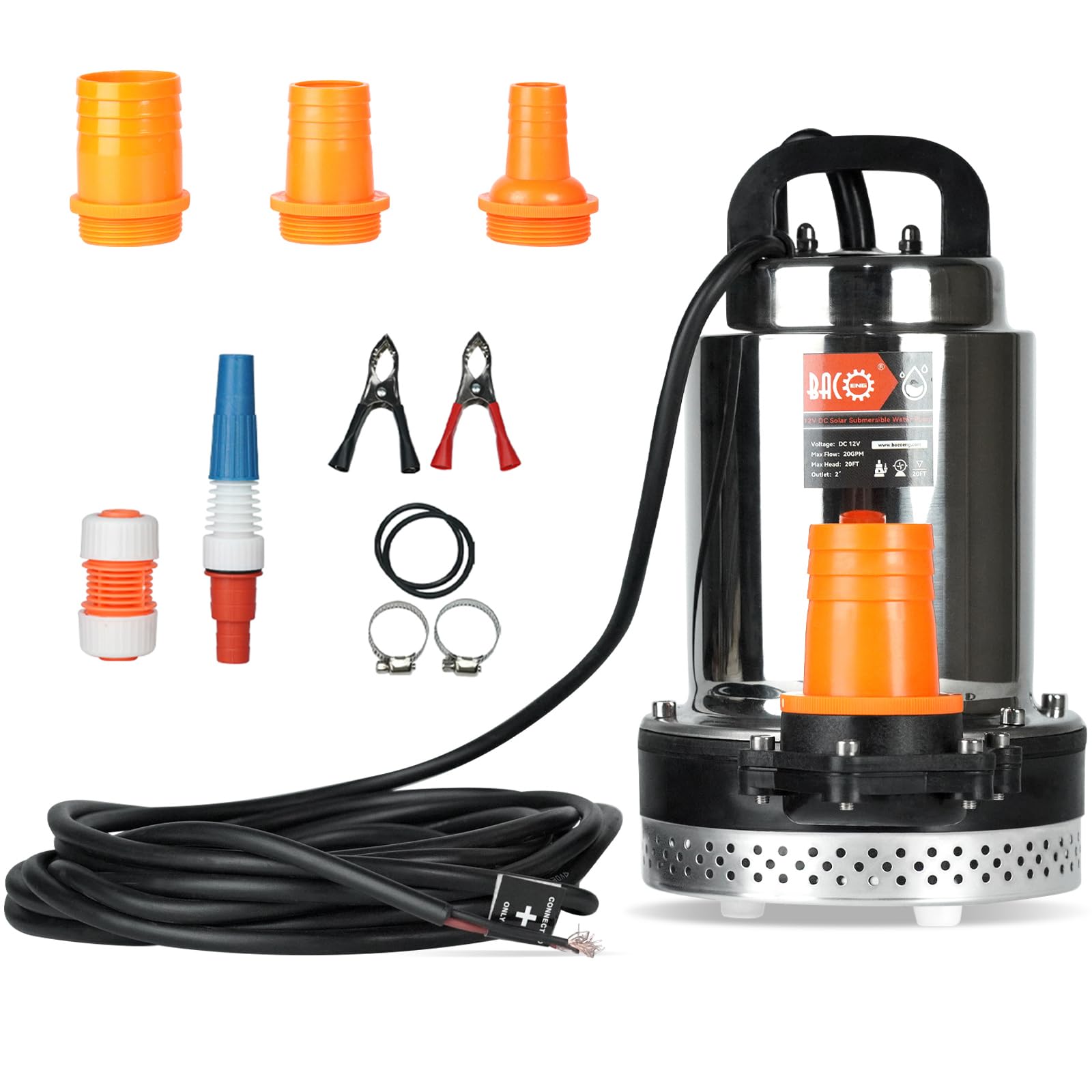 BACOENG DC 12V Solar Water Pump, Submersible Well Pump 20FT, 20GPM