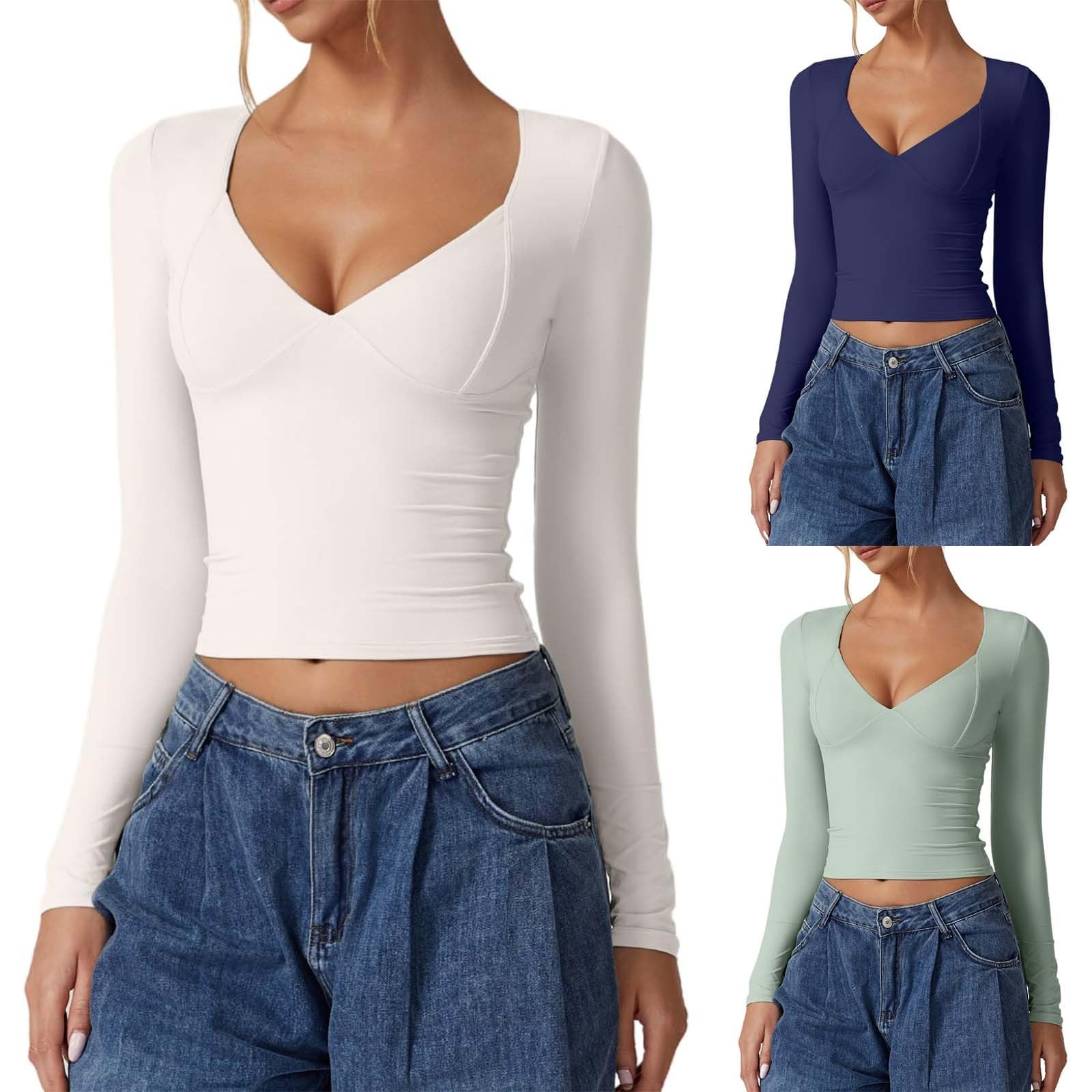 Maglia da donna a maniche lunghe con scollo a V, sexy, slim fit, Y2K, Skim Dupe Basic Crop, top a tunica, da donna, elasticizzata, per sport stretto, top da donna